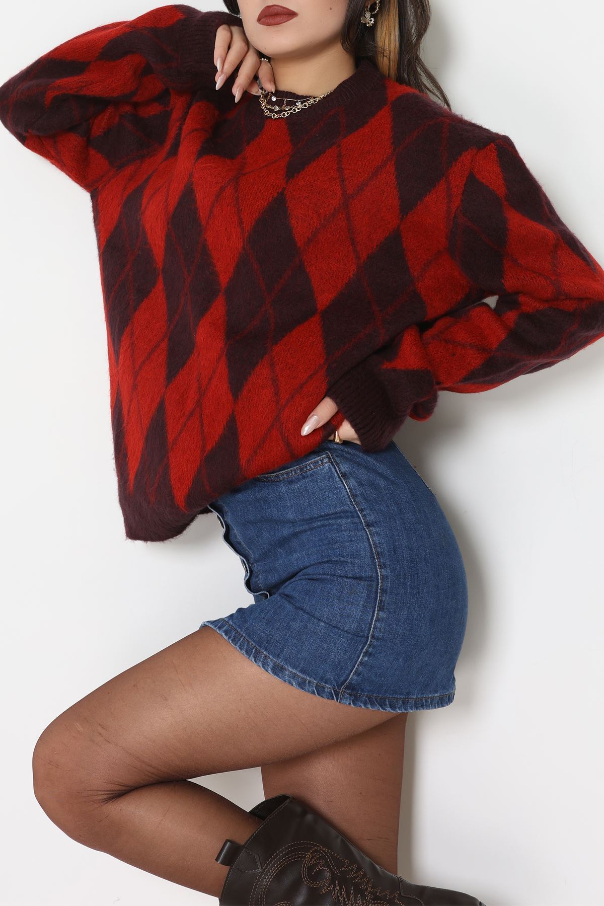 Baklava Dilimli Triko Kazak Mürdümkırmızı - 51263.1918.