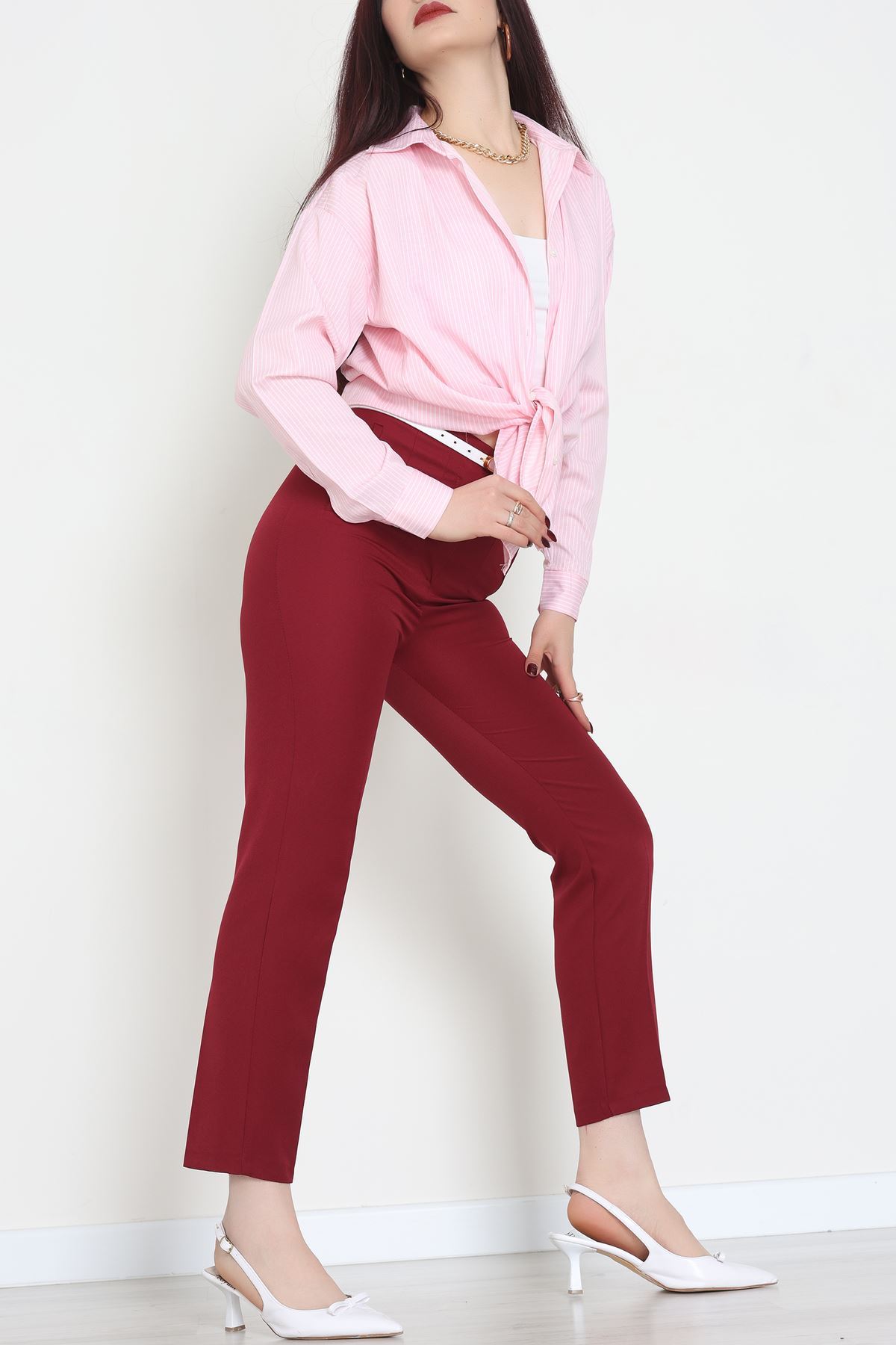 Pamuk Polyester Çizgili Oversize Gömlek Pembe - 51052.147.