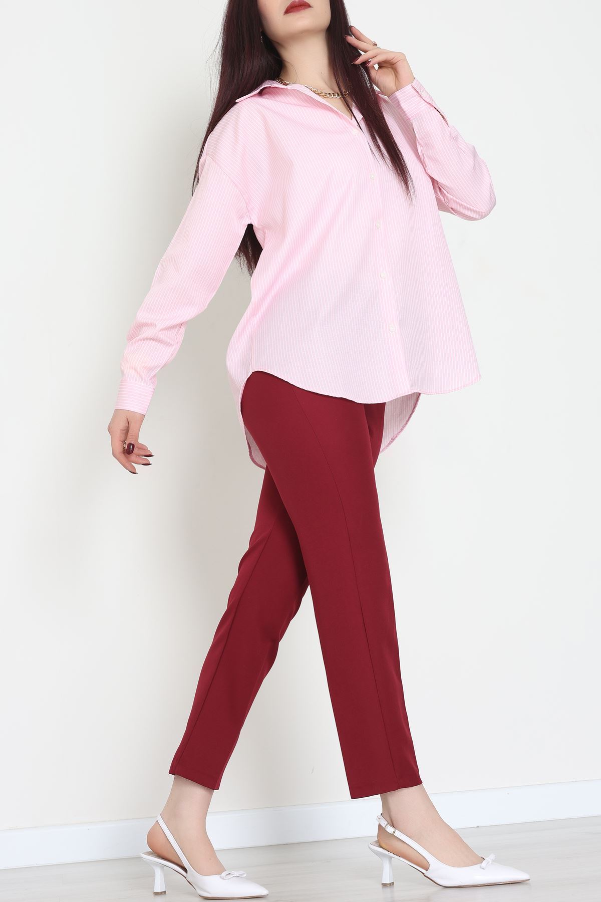 Pamuk Polyester Çizgili Oversize Gömlek Pembe - 51052.147.