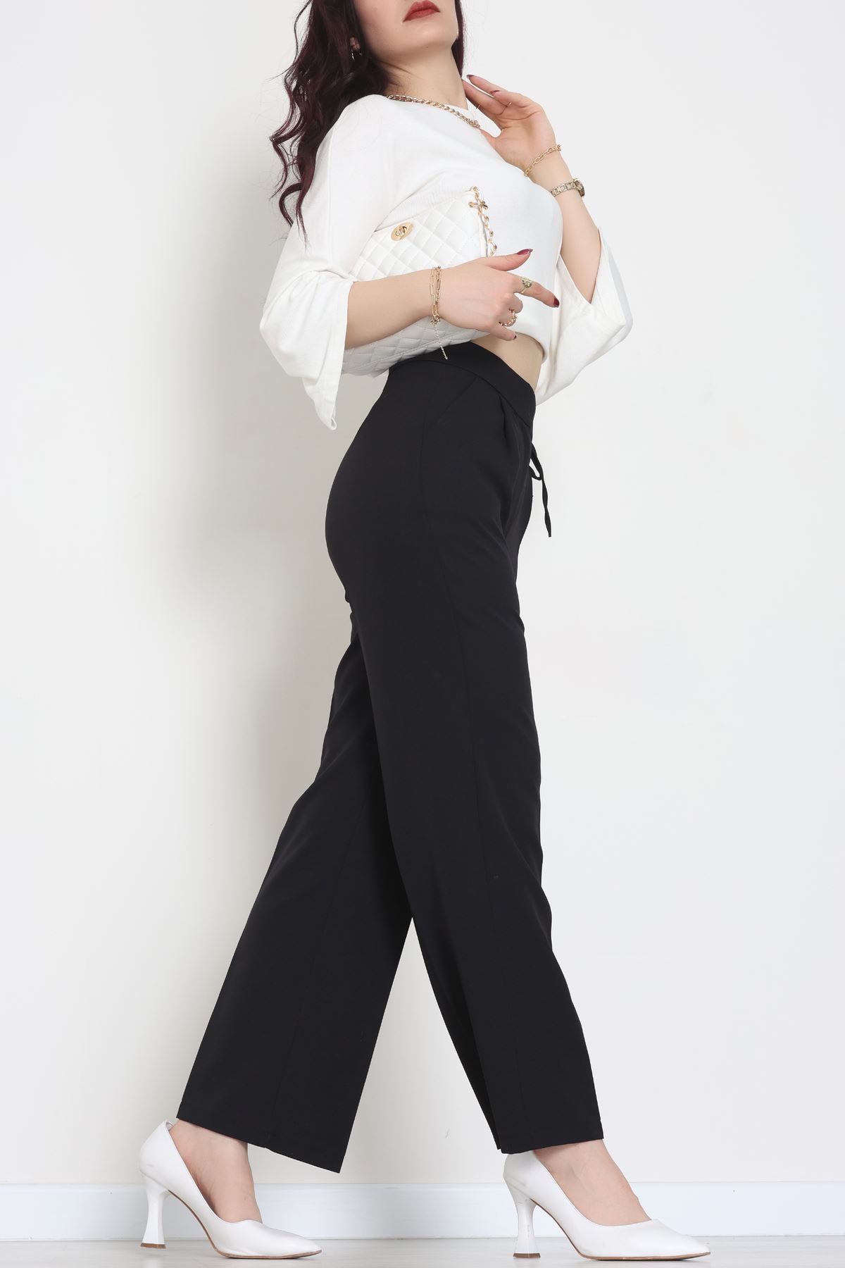 Double Kumaş İp Bağlamalı Palazzo Pantolon Siyah - 51268.683.