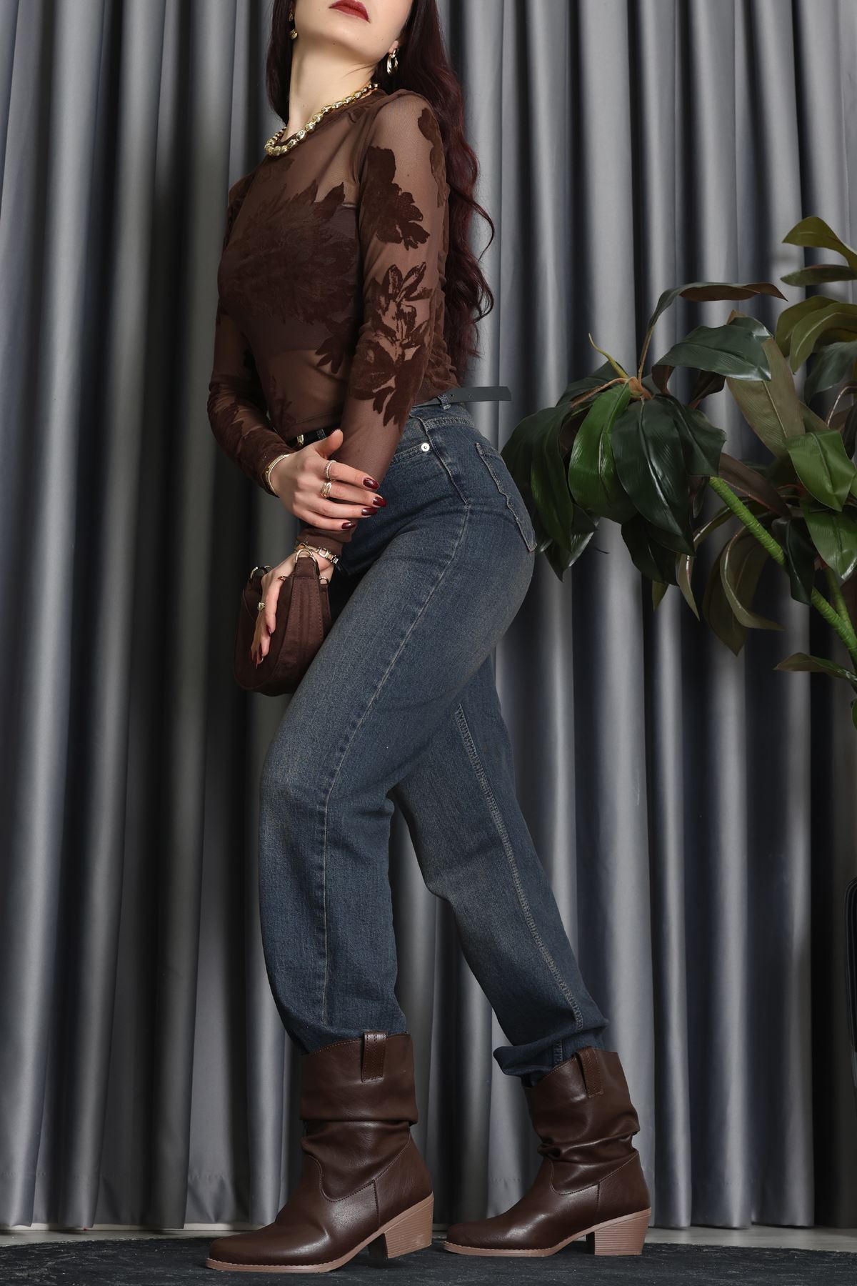 Transparan Şifon Bluz Kahve - 70848.2078.