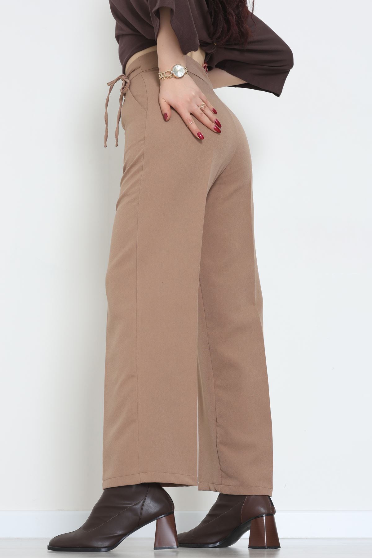 Double Kumaş İp Bağlamalı Palazzo Pantolon Sütlükahve - 51268.683.