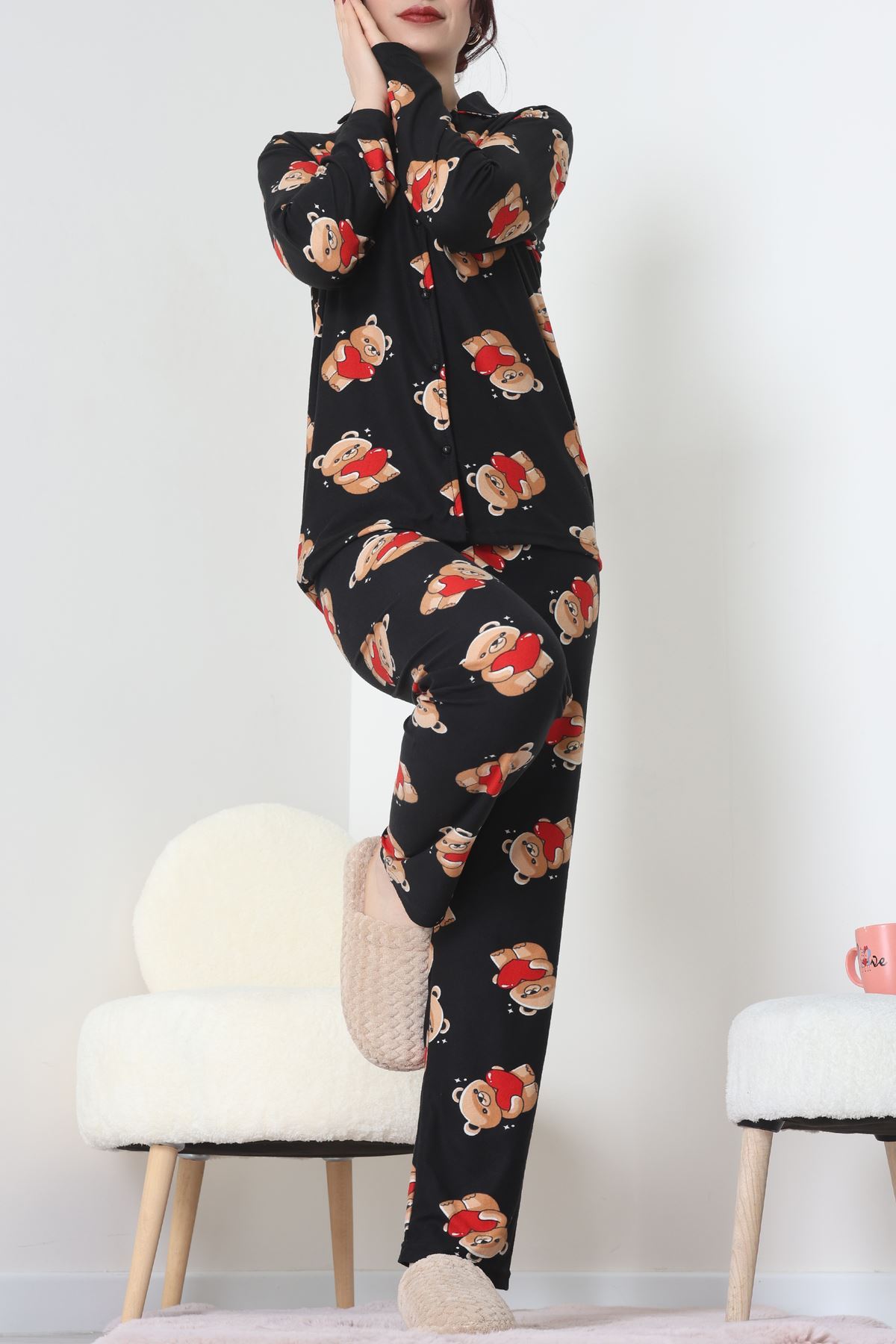 Süet Düğmeli Pijama Takımı Siyah - 55014.1048.