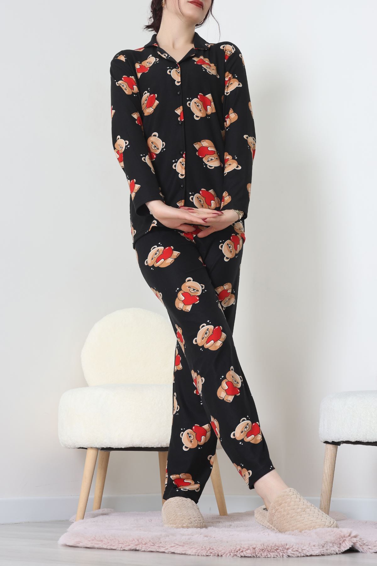 Süet Düğmeli Pijama Takımı Siyah - 55014.1048.