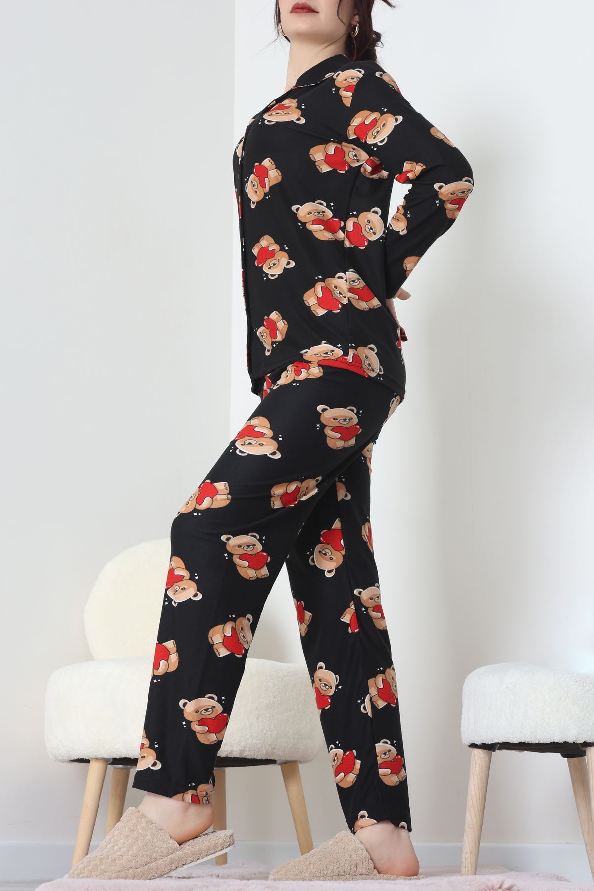 Süet Düğmeli Pijama Takımı Siyah - 55014.1048.