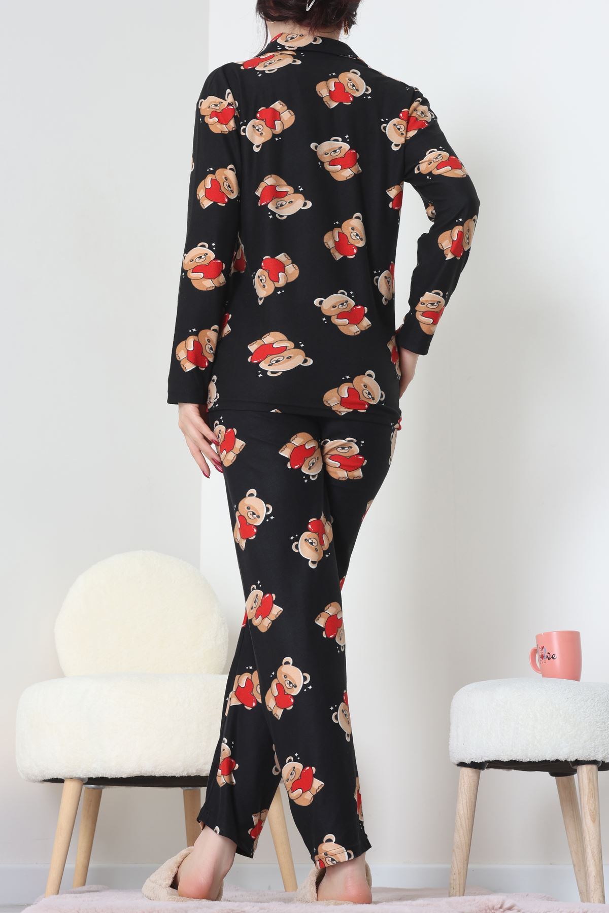 Süet Düğmeli Pijama Takımı Siyah - 55014.1048.