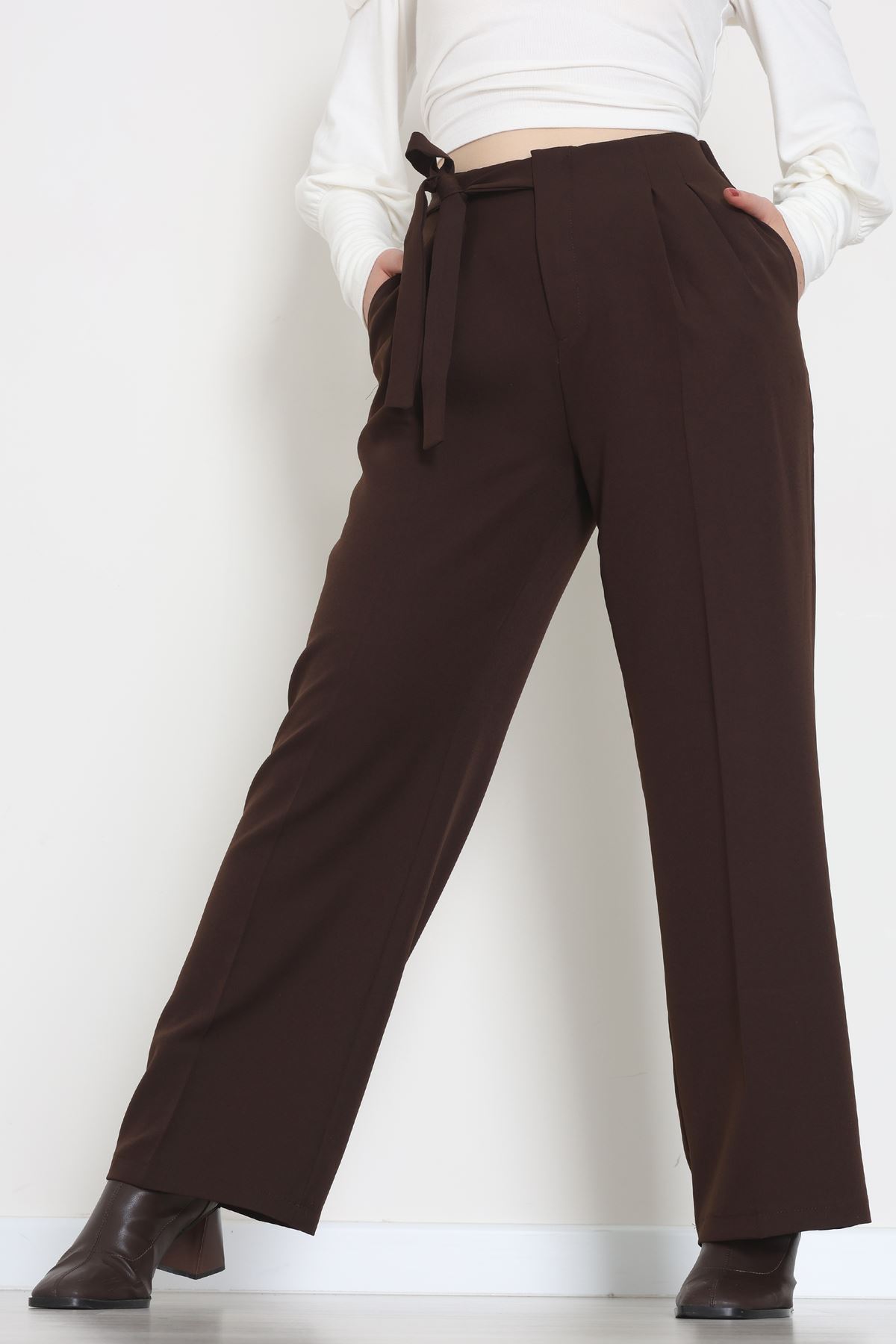 Yan Bağlama Detaylı Dabıl Kumaş Pantolon Kahve - 51611.683.
