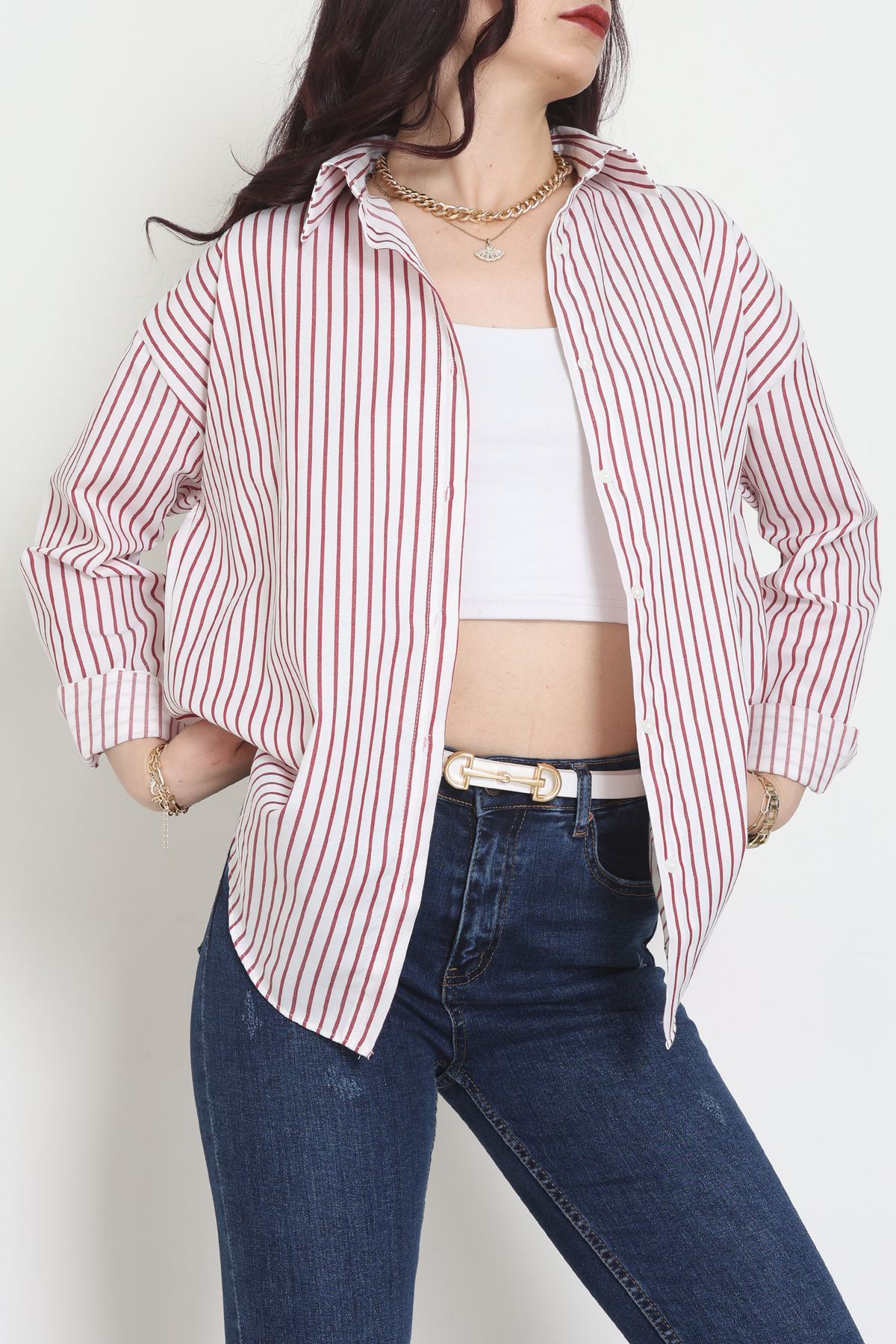 Pamuk Polyester Çizgili Gömlek Bordobeyaz2 - 51064.147.