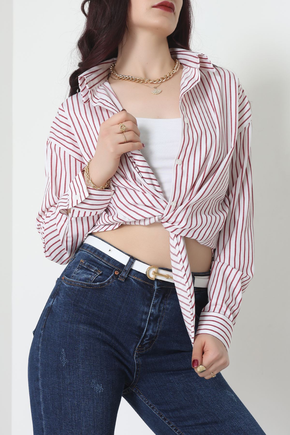 Pamuk Polyester Çizgili Gömlek Bordobeyaz2 - 51064.147.