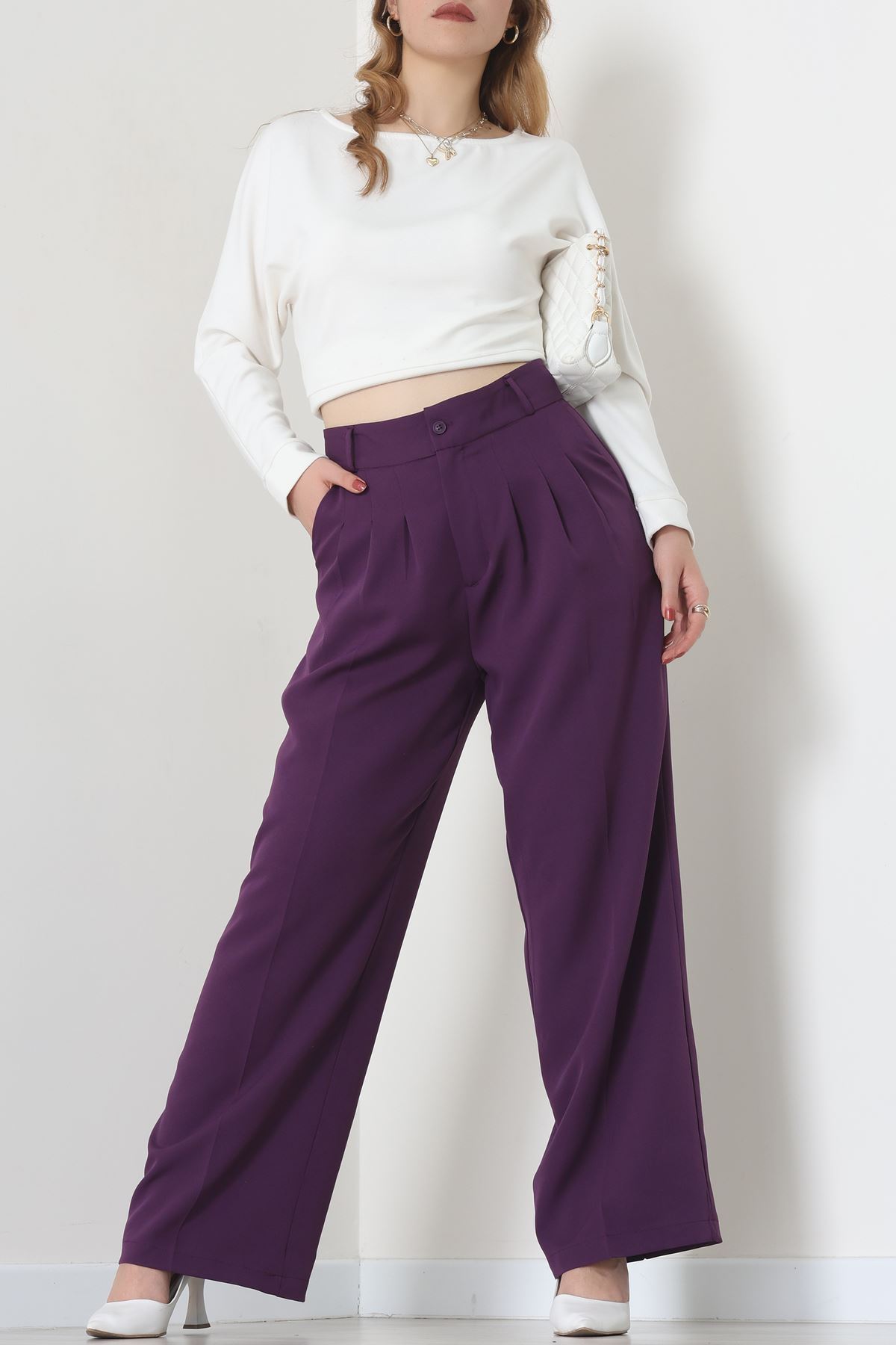 Premium Pileli Palazzo Pantolon Mor - 51609.683.