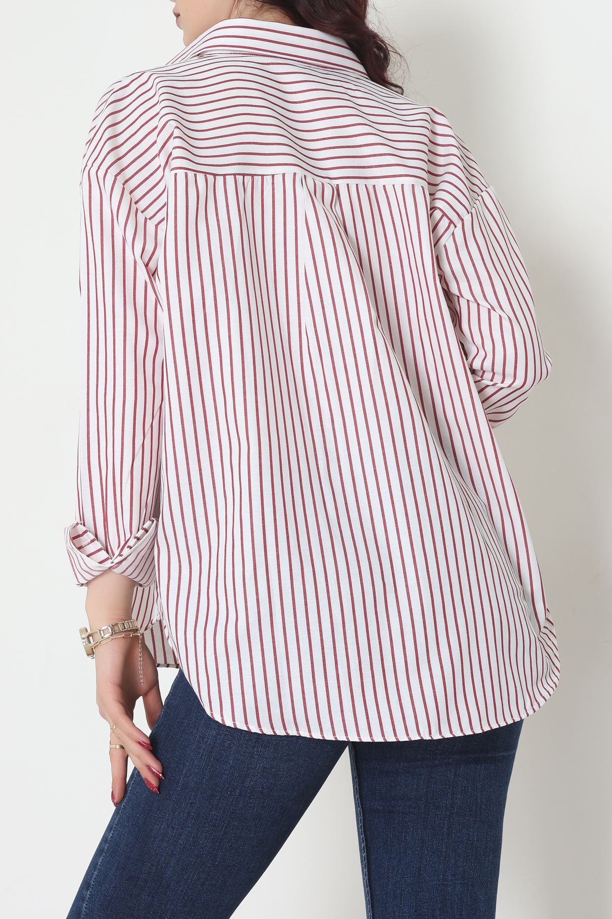 Pamuk Polyester Çizgili Gömlek Bordobeyaz2 - 51064.147.