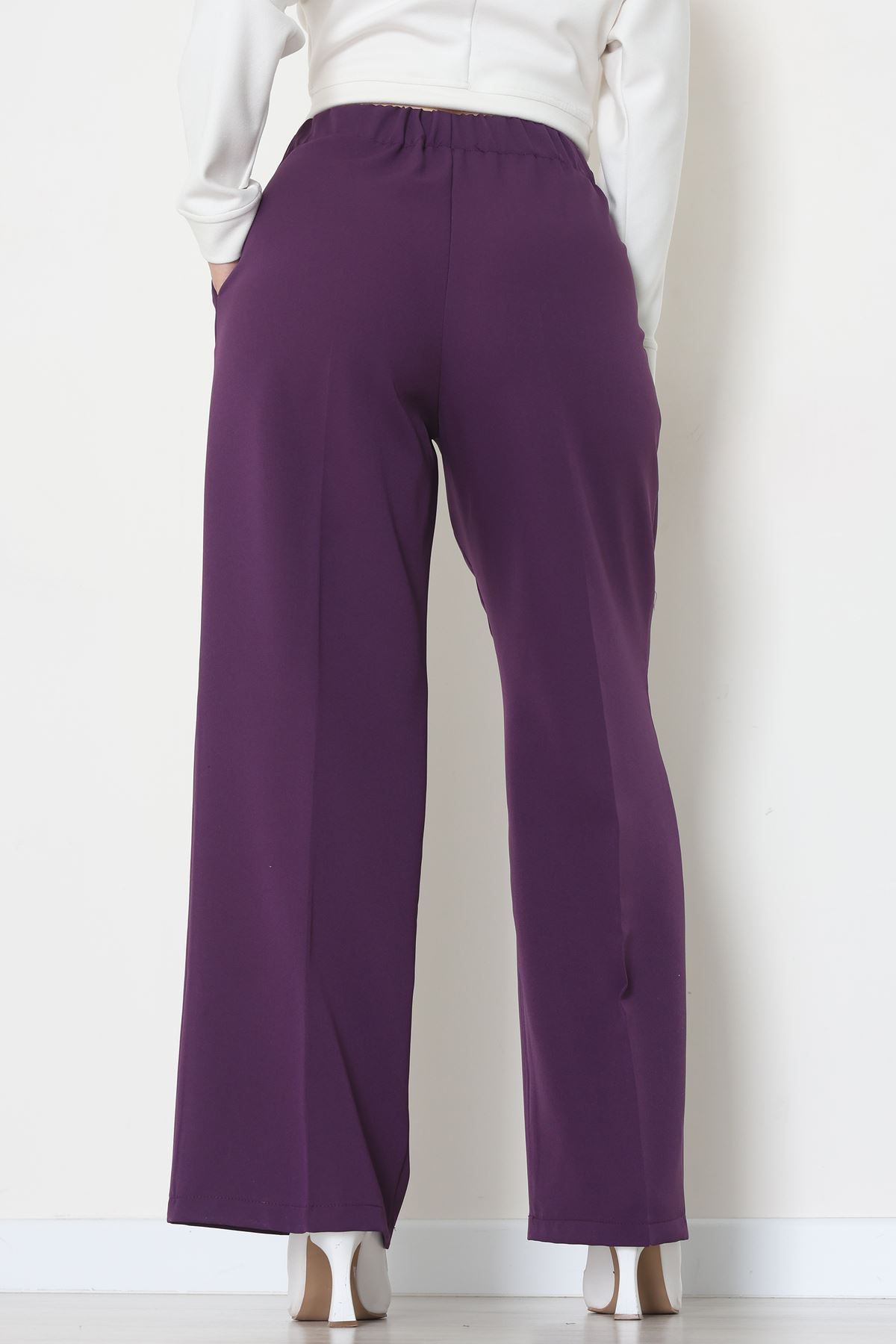 Yan Bağlama Detaylı Dabıl Kumaş Pantolon Mor - 51611.683.