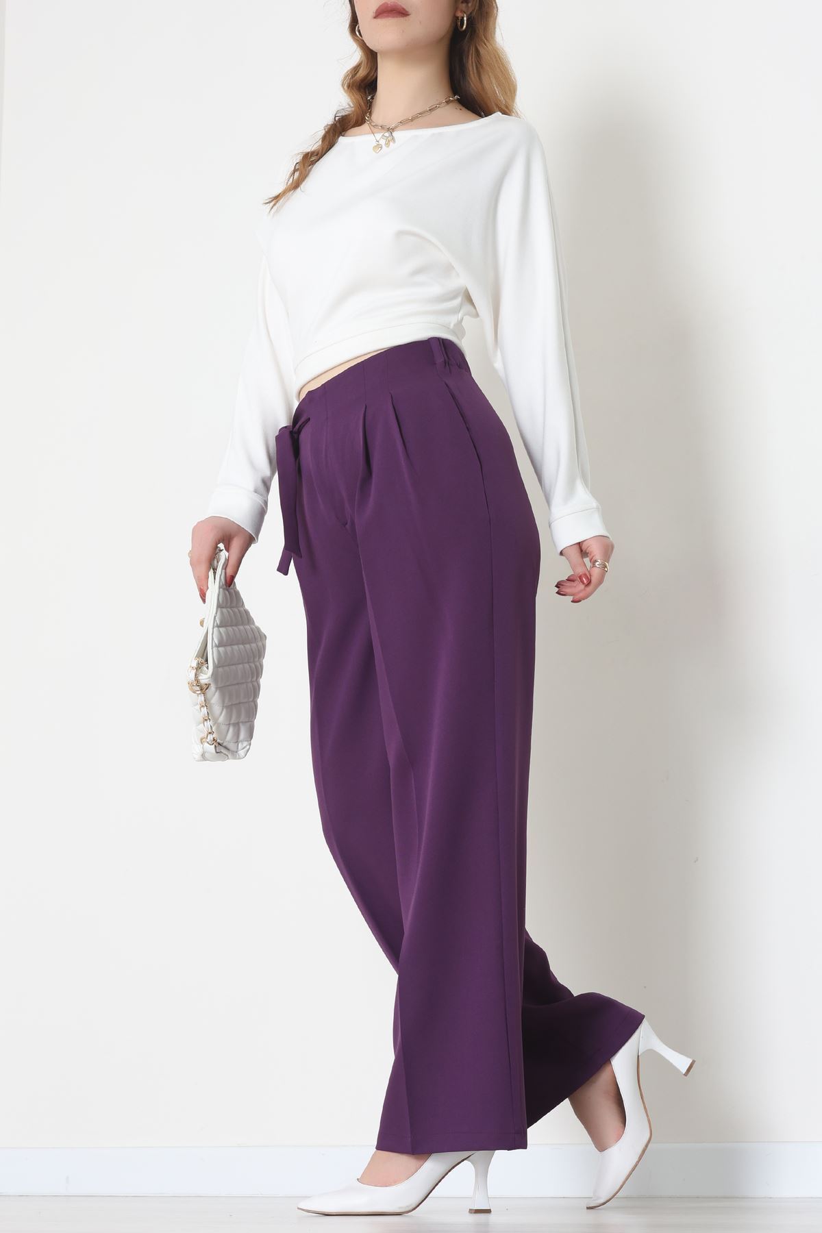 Yan Bağlama Detaylı Dabıl Kumaş Pantolon Mor - 51611.683.