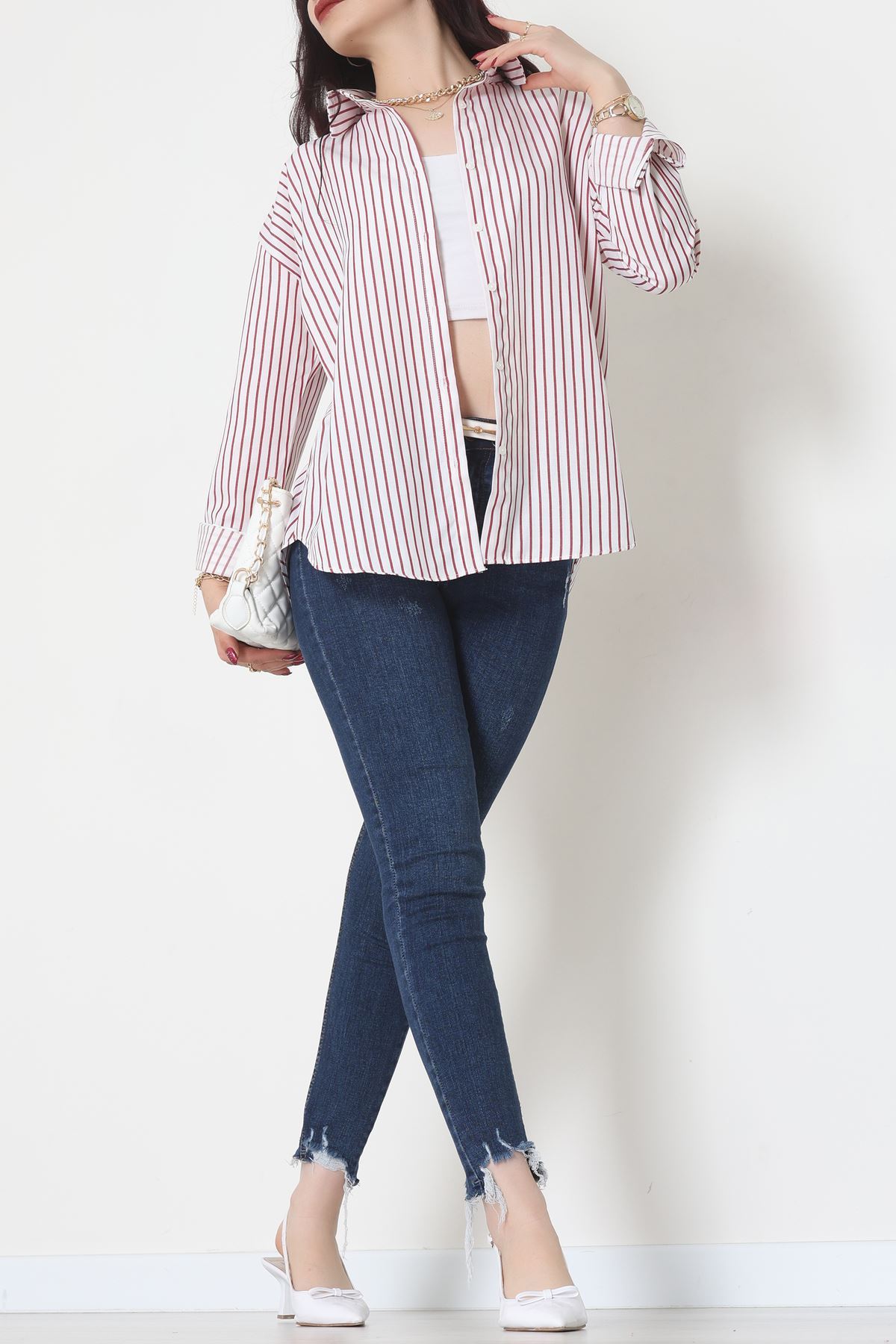 Pamuk Polyester Çizgili Gömlek Bordobeyaz2 - 51064.147.