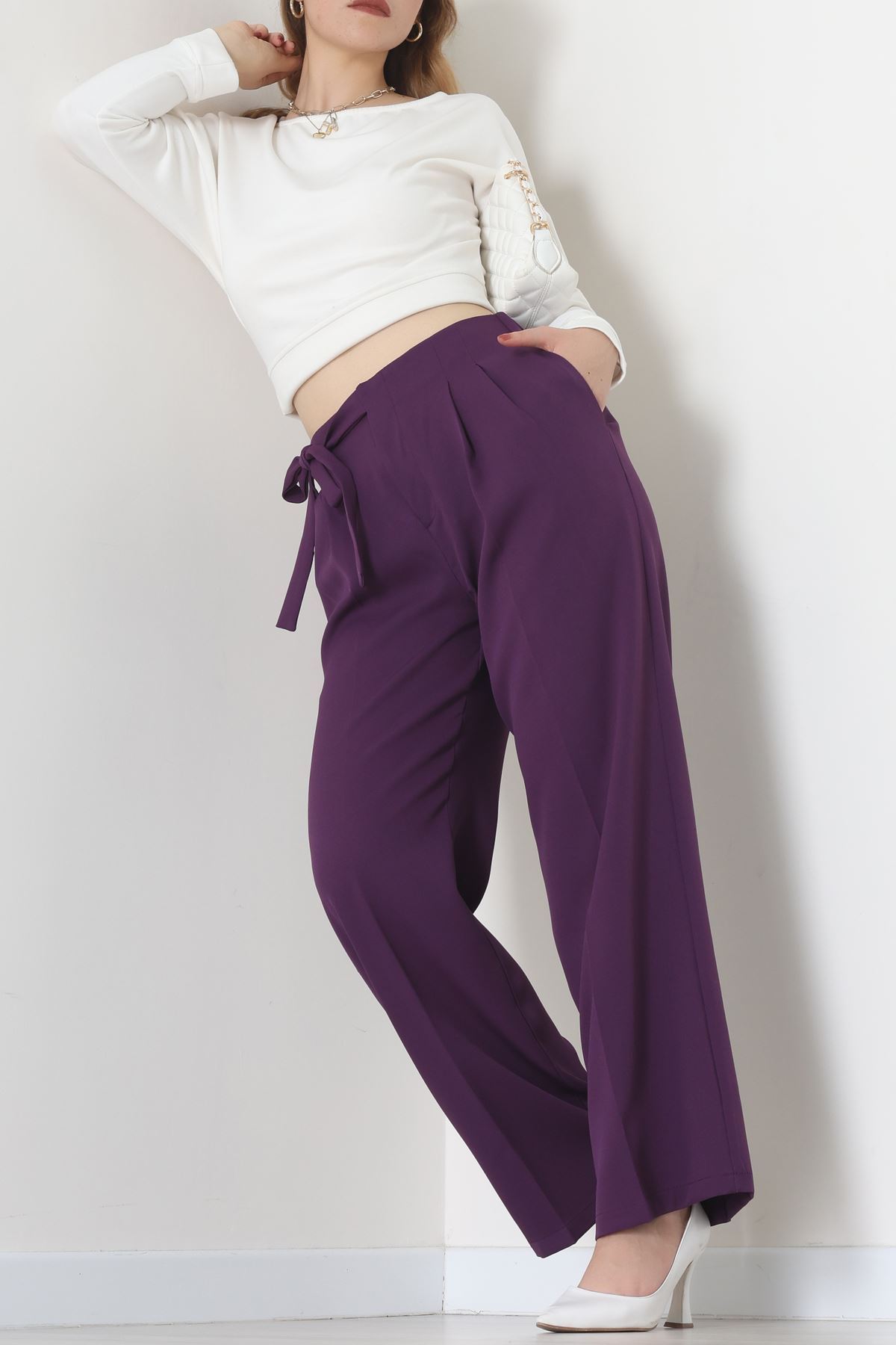Yan Bağlama Detaylı Dabıl Kumaş Pantolon Mor - 51611.683.