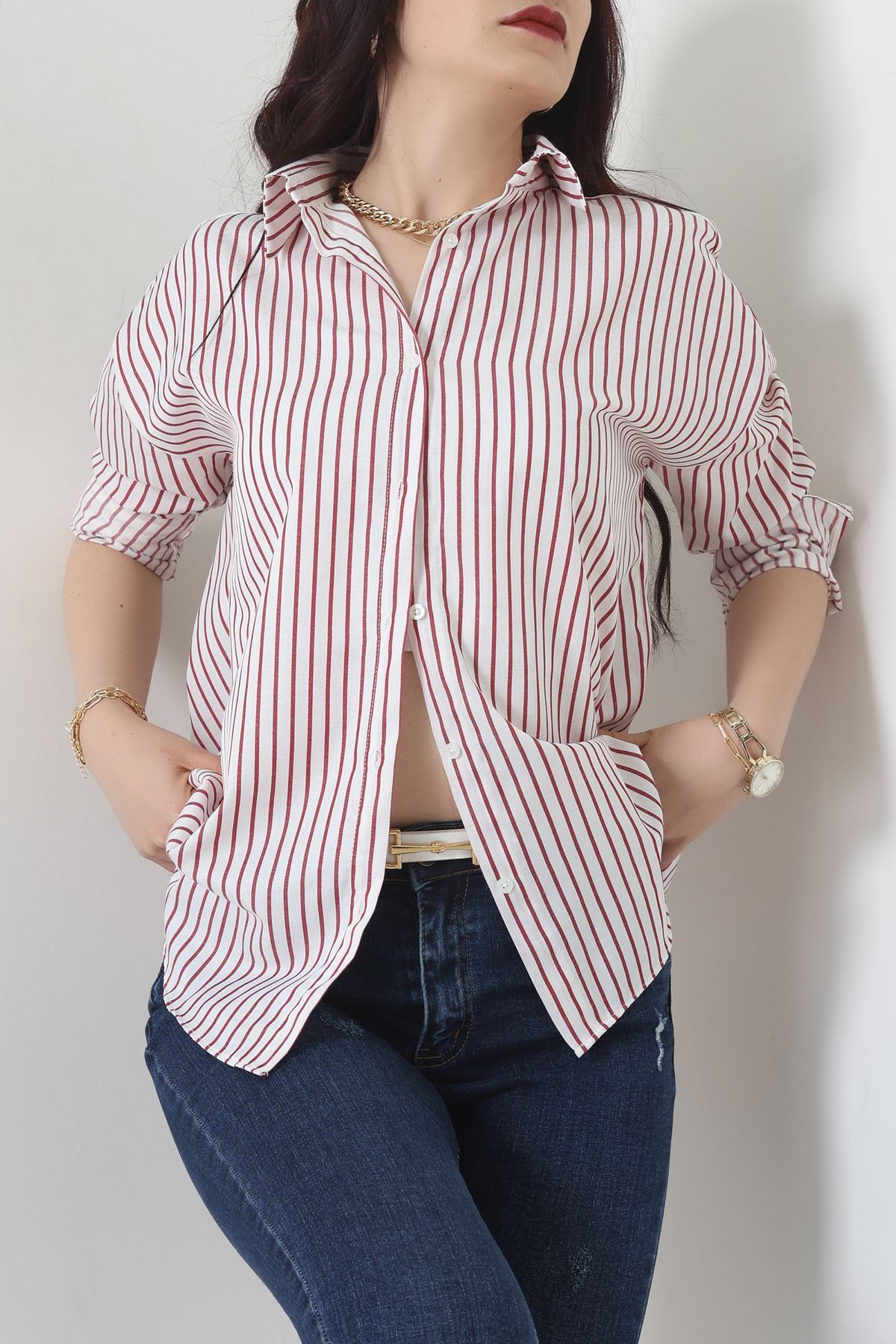 Pamuk Polyester Çizgili Gömlek Bordobeyaz2 - 51064.147.