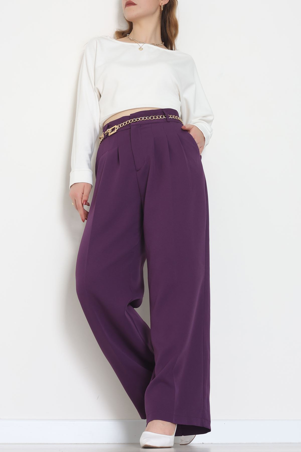 Premium Pileli Palazzo Pantolon Mor - 51609.683.