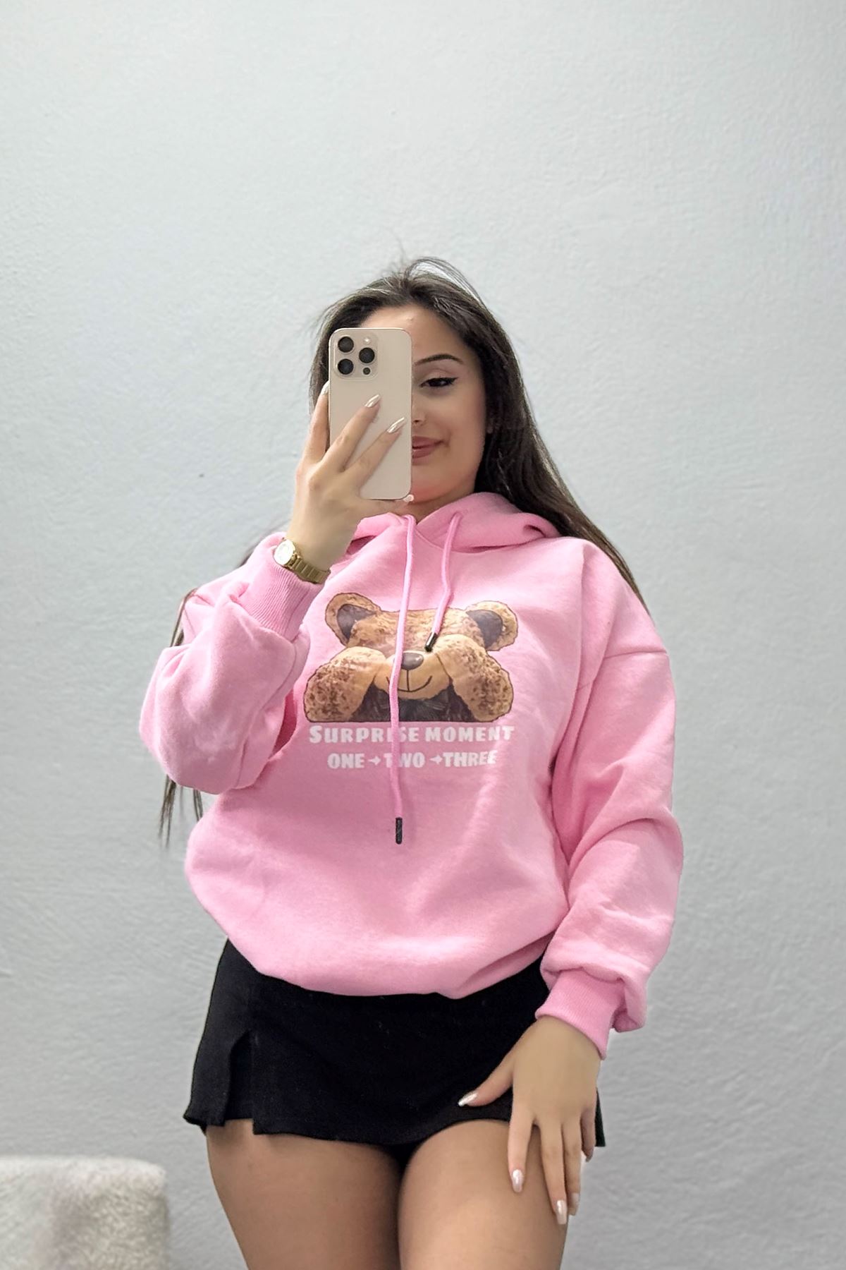 3 İplik Kapşonlu Baskılı Sweat Pembe - 42220.1878.