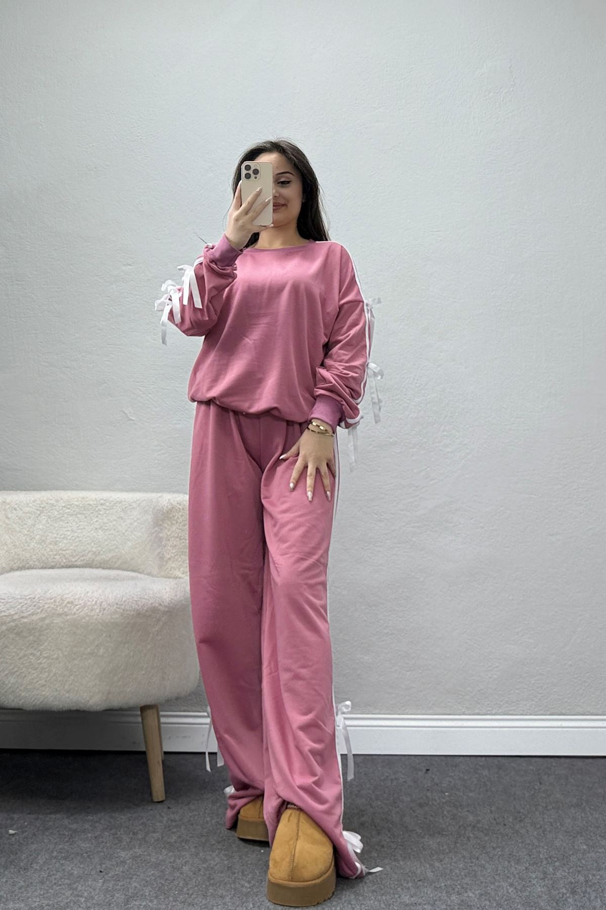 Özel Tasarım İki İplik Kurdele Detay Eşofman Takım Gülkurusu - 70164.1857.