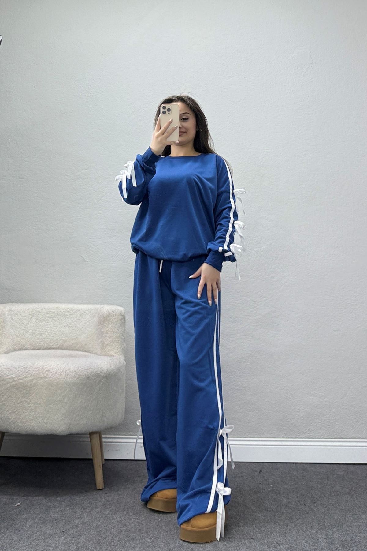 Özel Tasarım İki İplik Kurdele Detay Eşofman Takım İndigo - 70164.1857.