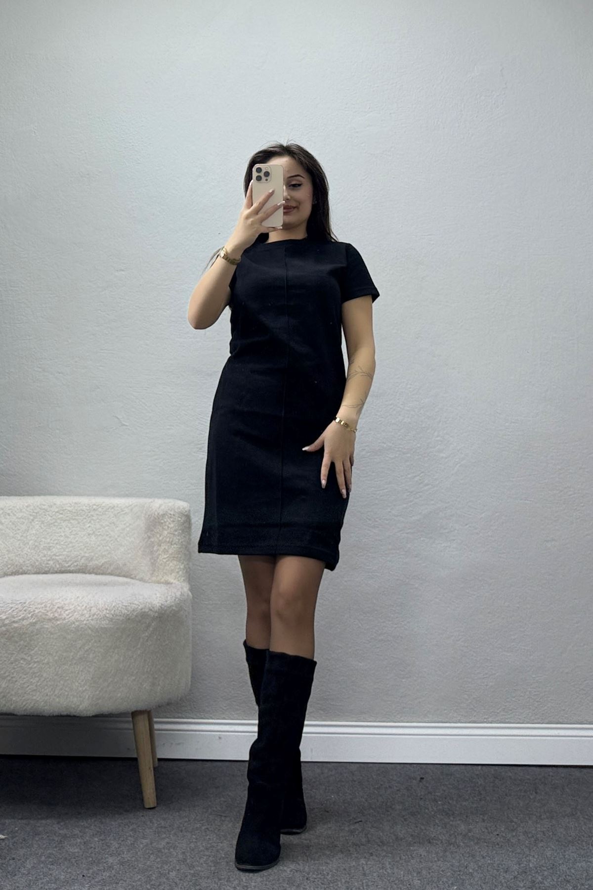 Bisiklet Yaka Selanik Kumaş Elbise Siyah - 70823.1567.