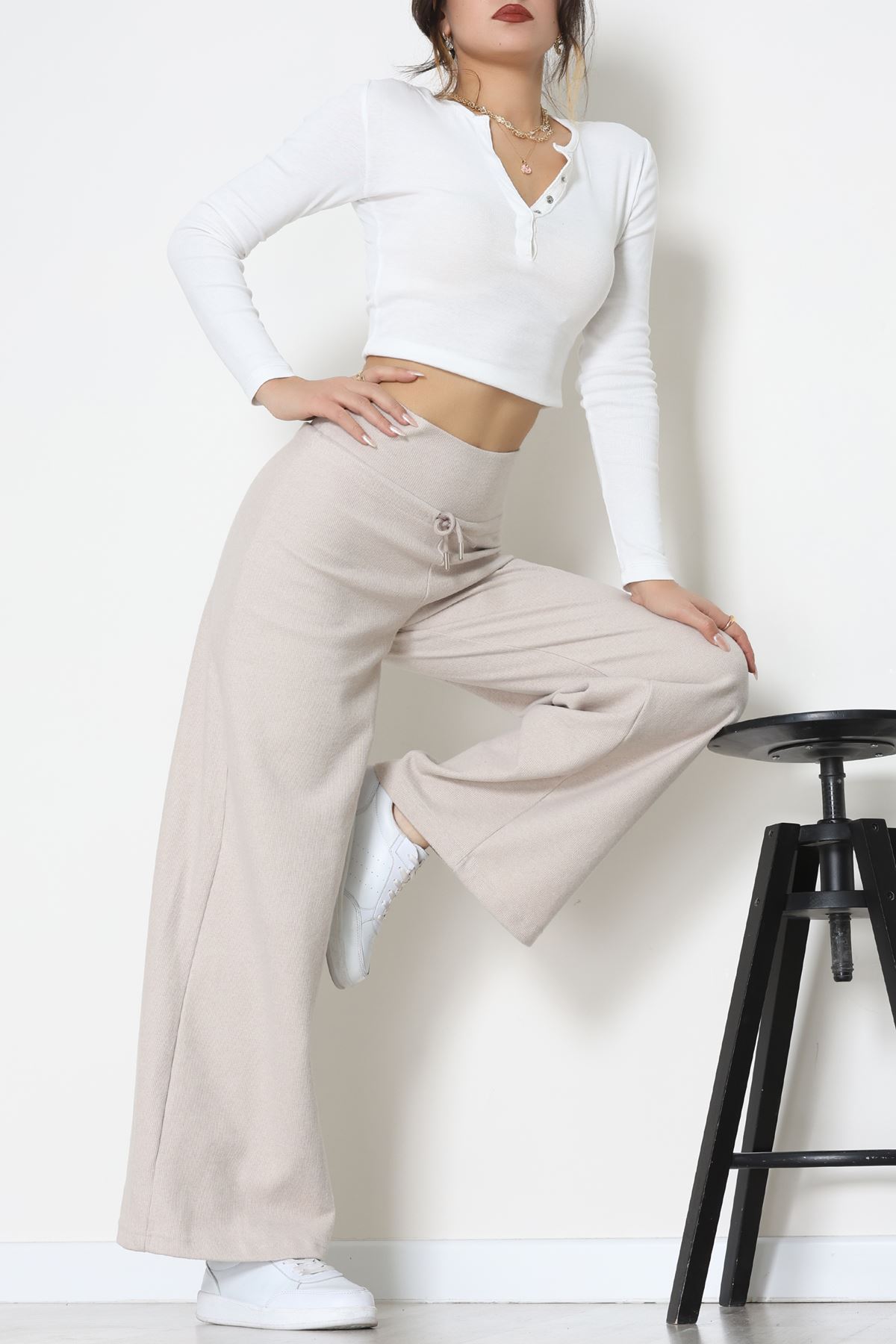 Selanik Kumaş Lastikli Palazzo Pantolon Bej - 51227.1567.