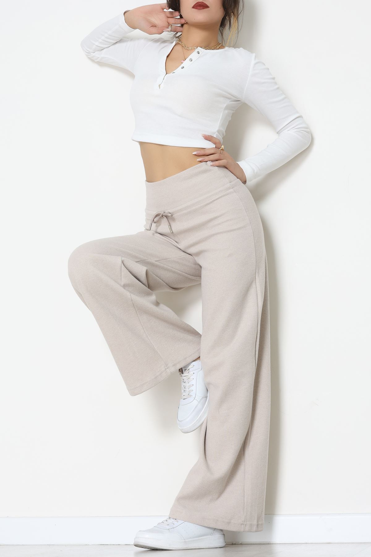 Selanik Kumaş Lastikli Palazzo Pantolon Bej - 51227.1567.