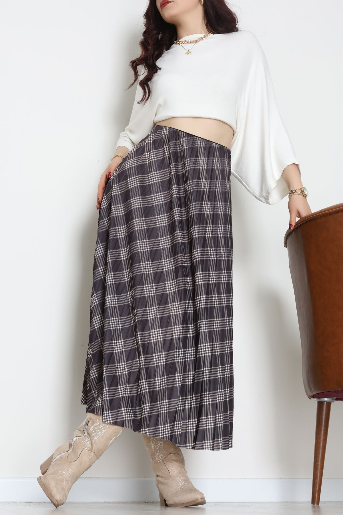 Laklı Denye Piliseli Ekose Etek Füme - 51252.2036.