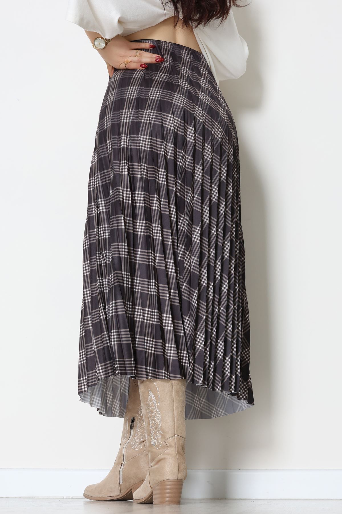 Laklı Denye Piliseli Ekose Etek Füme - 51252.2036.