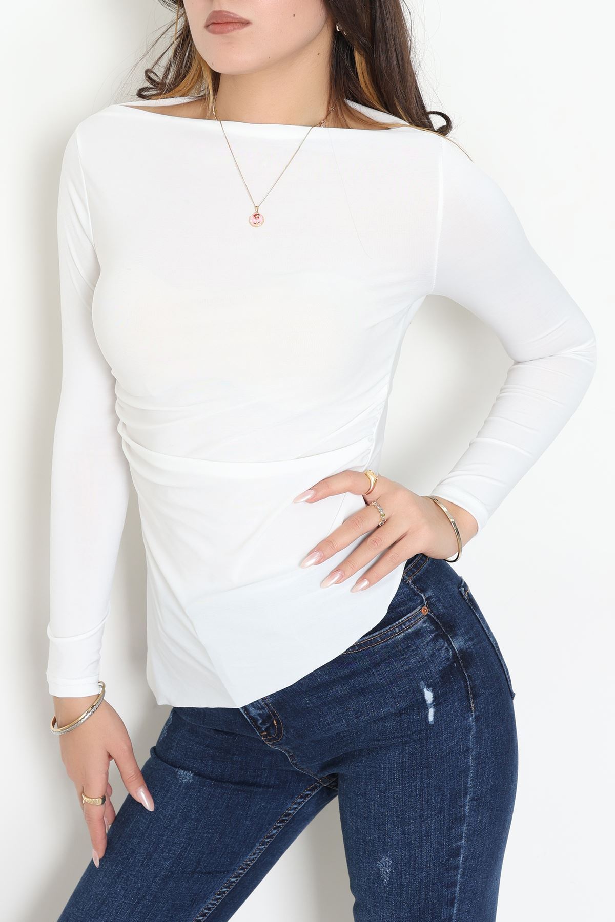 Sandy Yandan Drapeli Asimetrik Bluz Ekru - 42801.1949.