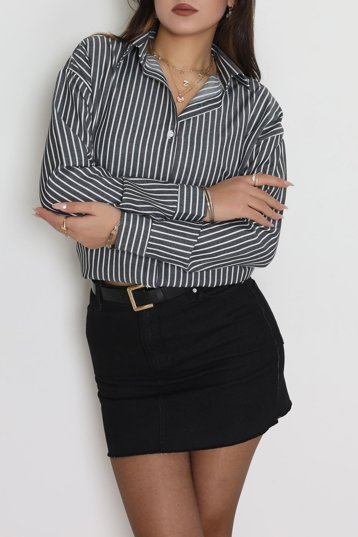 Pamuk Polyester Çizgili Oversize Gömlek Fümebeyaz - 51052.147.