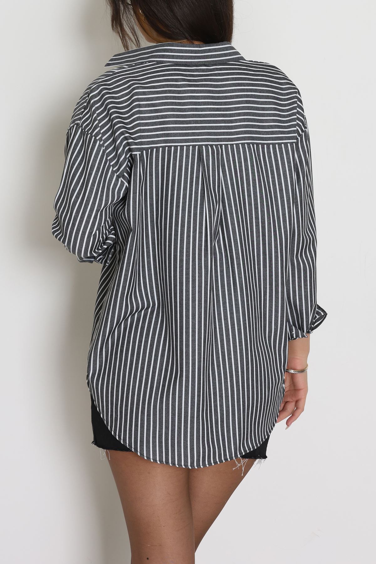 Pamuk Polyester Çizgili Oversize Gömlek Fümebeyaz - 51052.147.