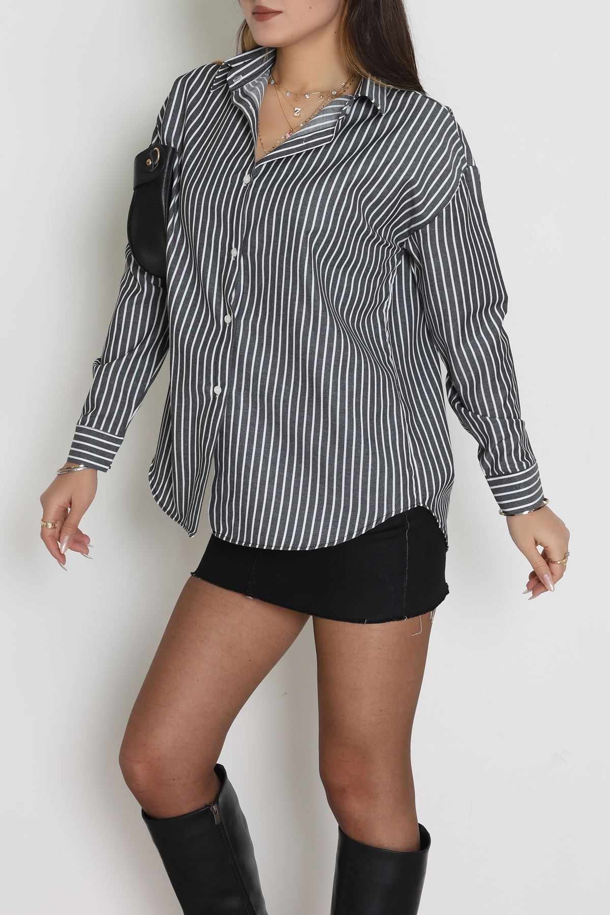 Pamuk Polyester Çizgili Oversize Gömlek Fümebeyaz - 51052.147.