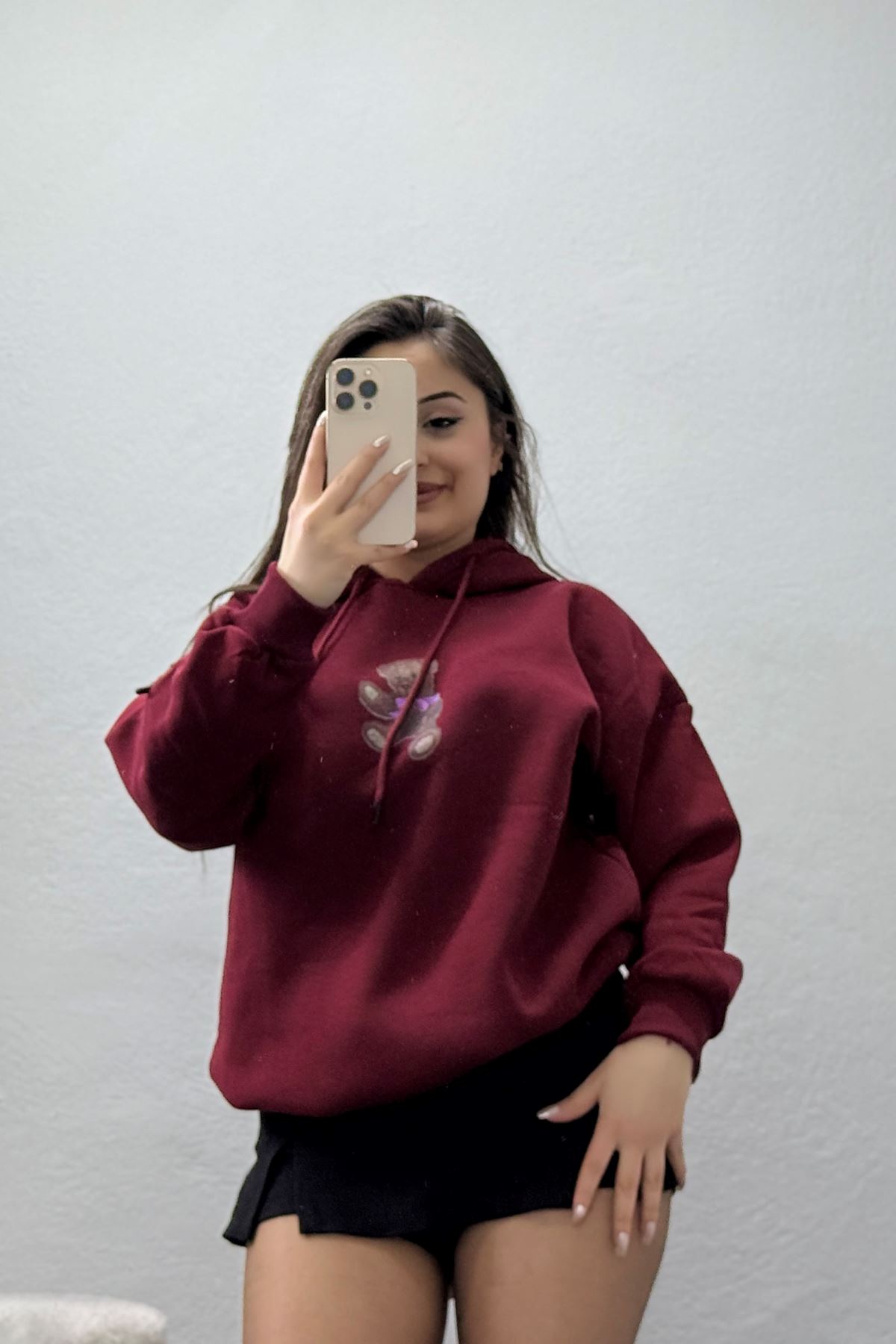 3 İplik Kapşonlu Baskılı Sweat Bordo - 42229.1878.