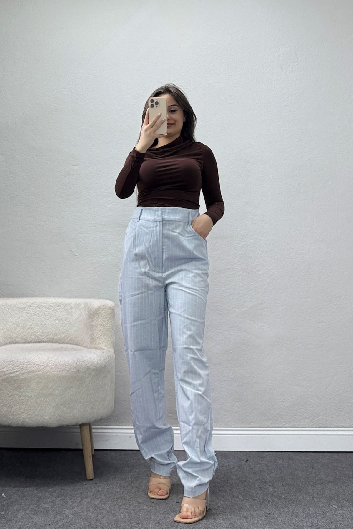 Dikiş Detay Çizgili Pantolon Mavi - 31156.444.