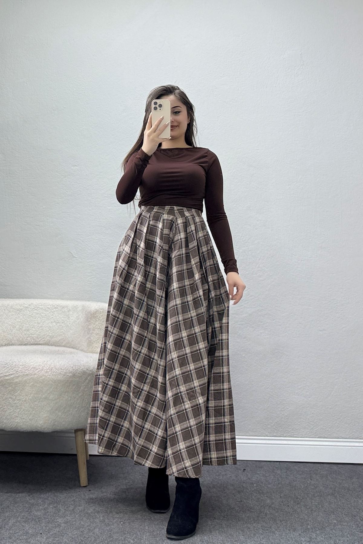 Beli Pileli Ekose Etek Kahve - 51257.1909.