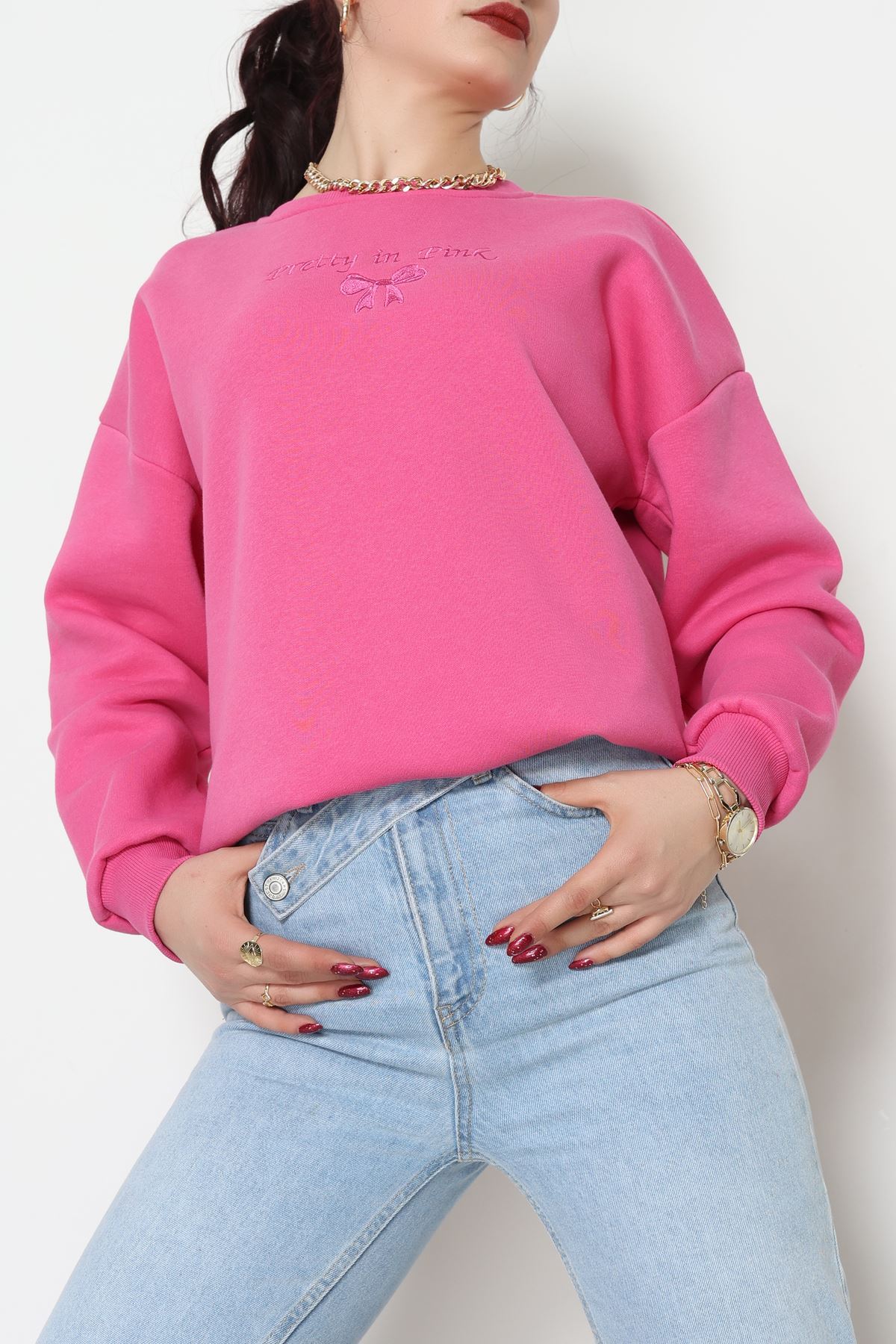 3 İplik Bisiklet Yaka Sweat Fuşya - 42242.1878.