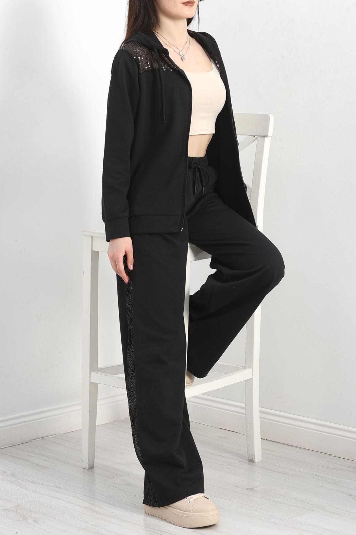 Pul İşlemeli 2 İplik Eşofman Takımı Siyah - 40016.1857.