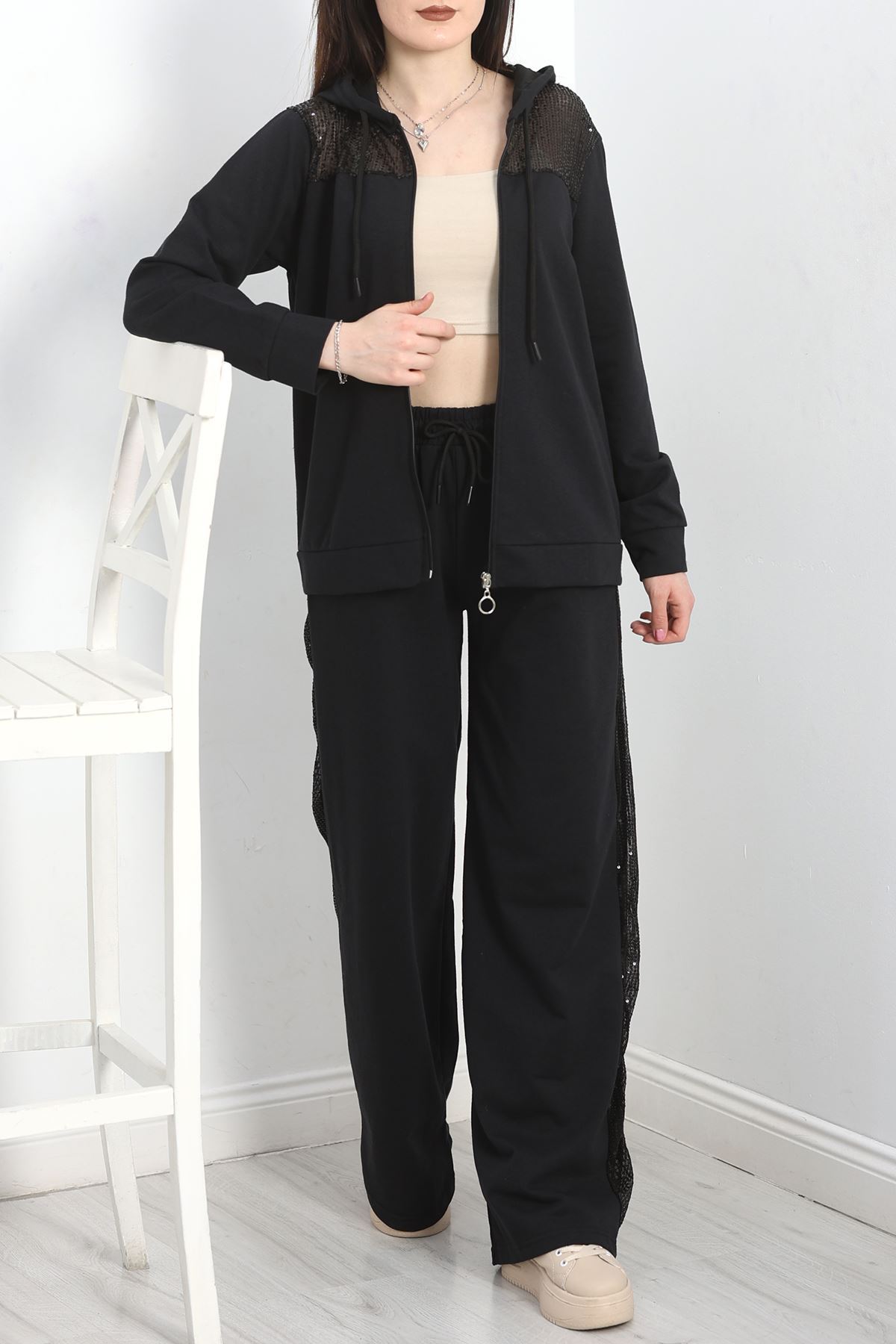 Pul İşlemeli 2 İplik Eşofman Takımı Siyah - 40016.1857.