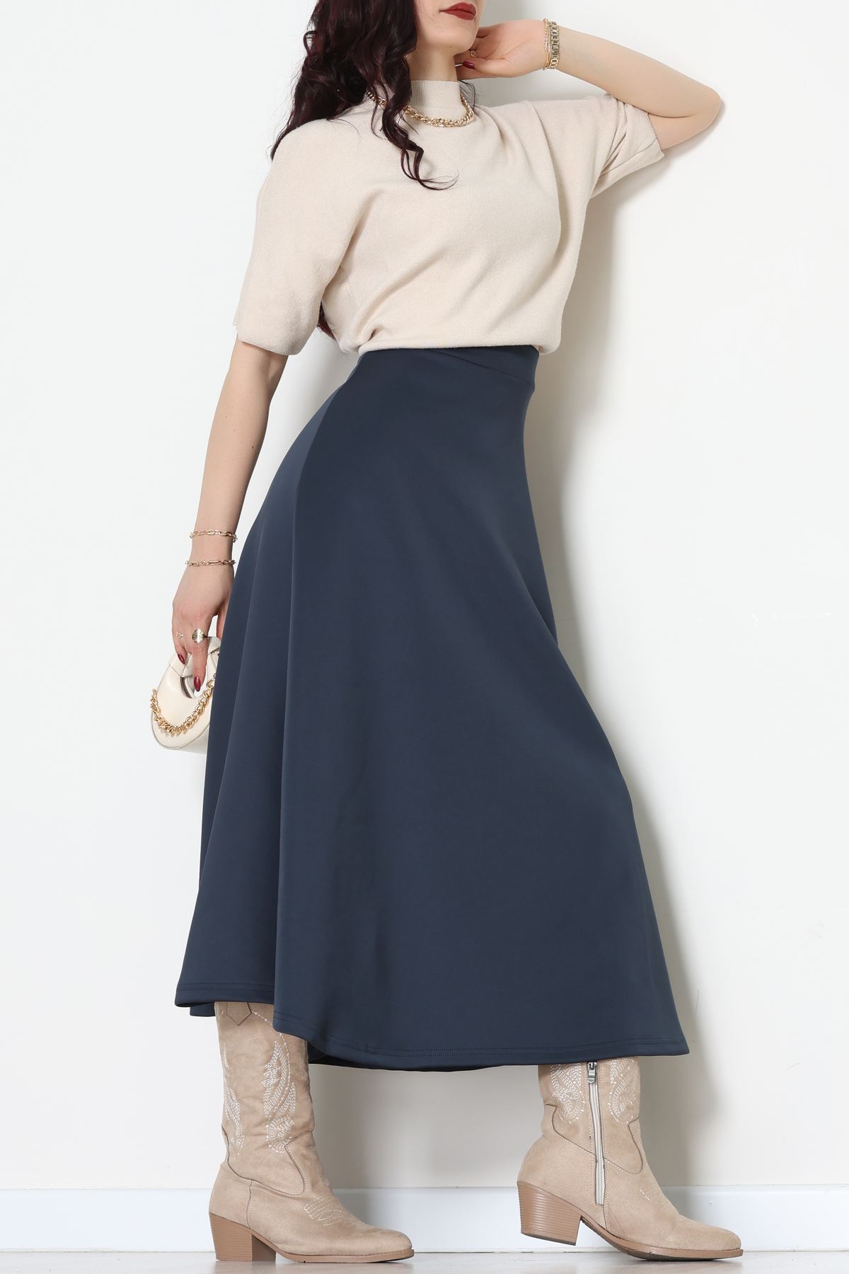 Puf Scuba Kumaş Uzun Etek Lacivert - 51104.1355.