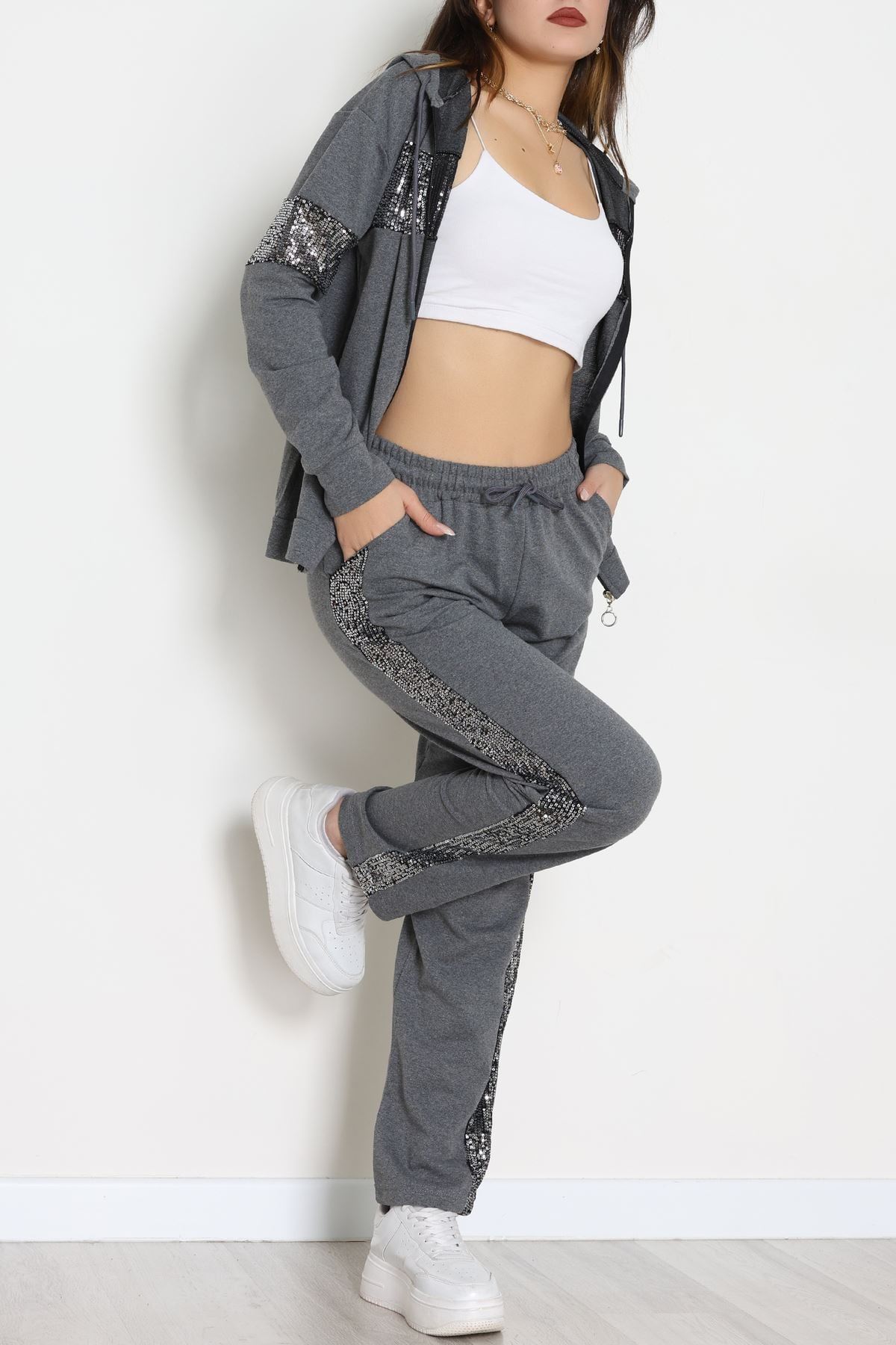 Pul Garnili 2 İplik Eşofman Takımı Füme - 50800.1857.