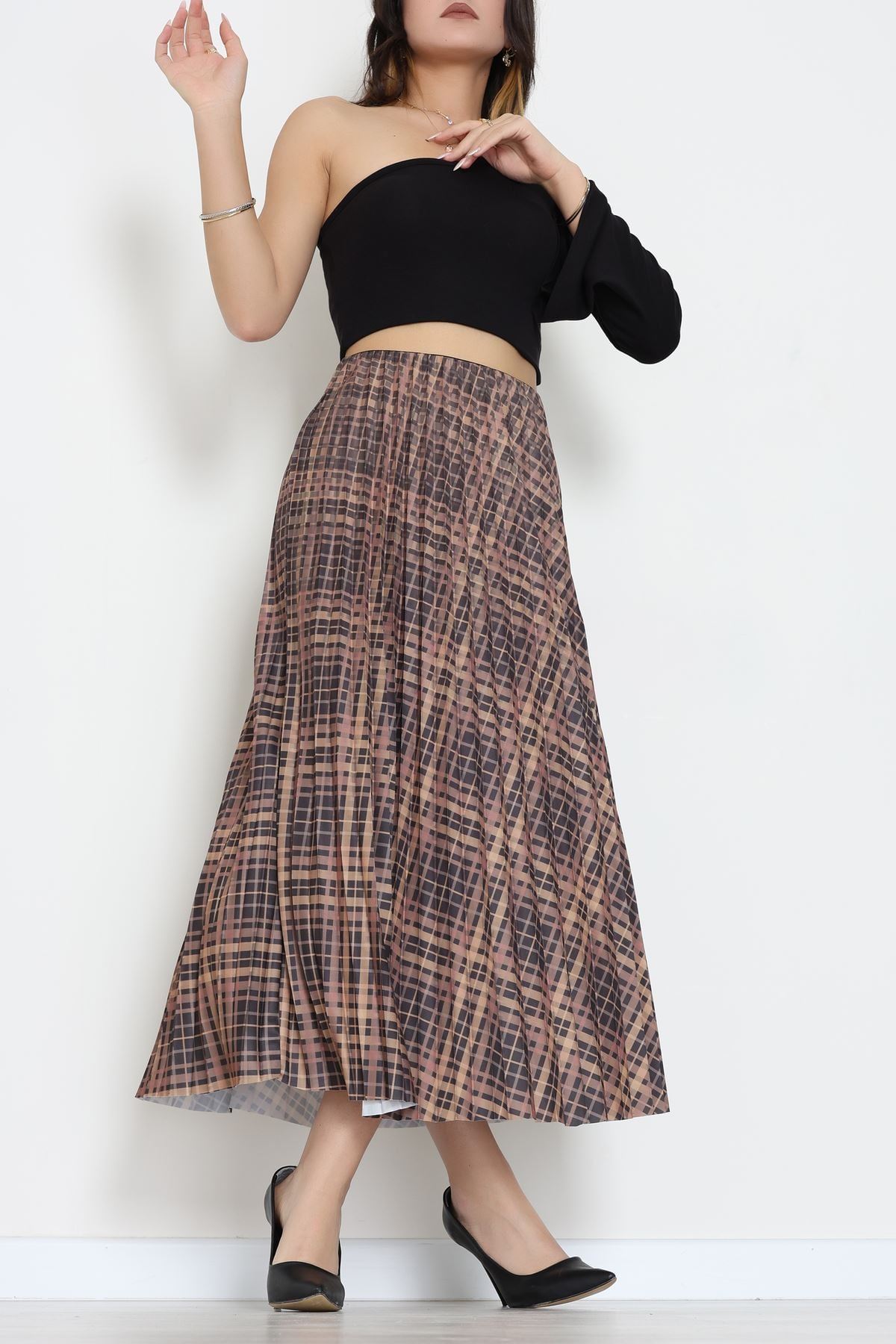 Laklı Denye Piliseli Ekose Etek Kahve - 51252.2036.