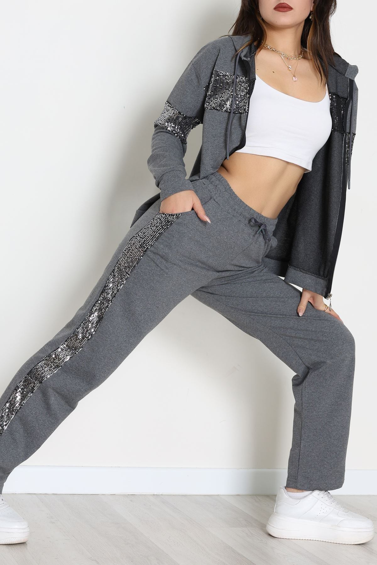 Pul Garnili 2 İplik Eşofman Takımı Füme - 50800.1857.