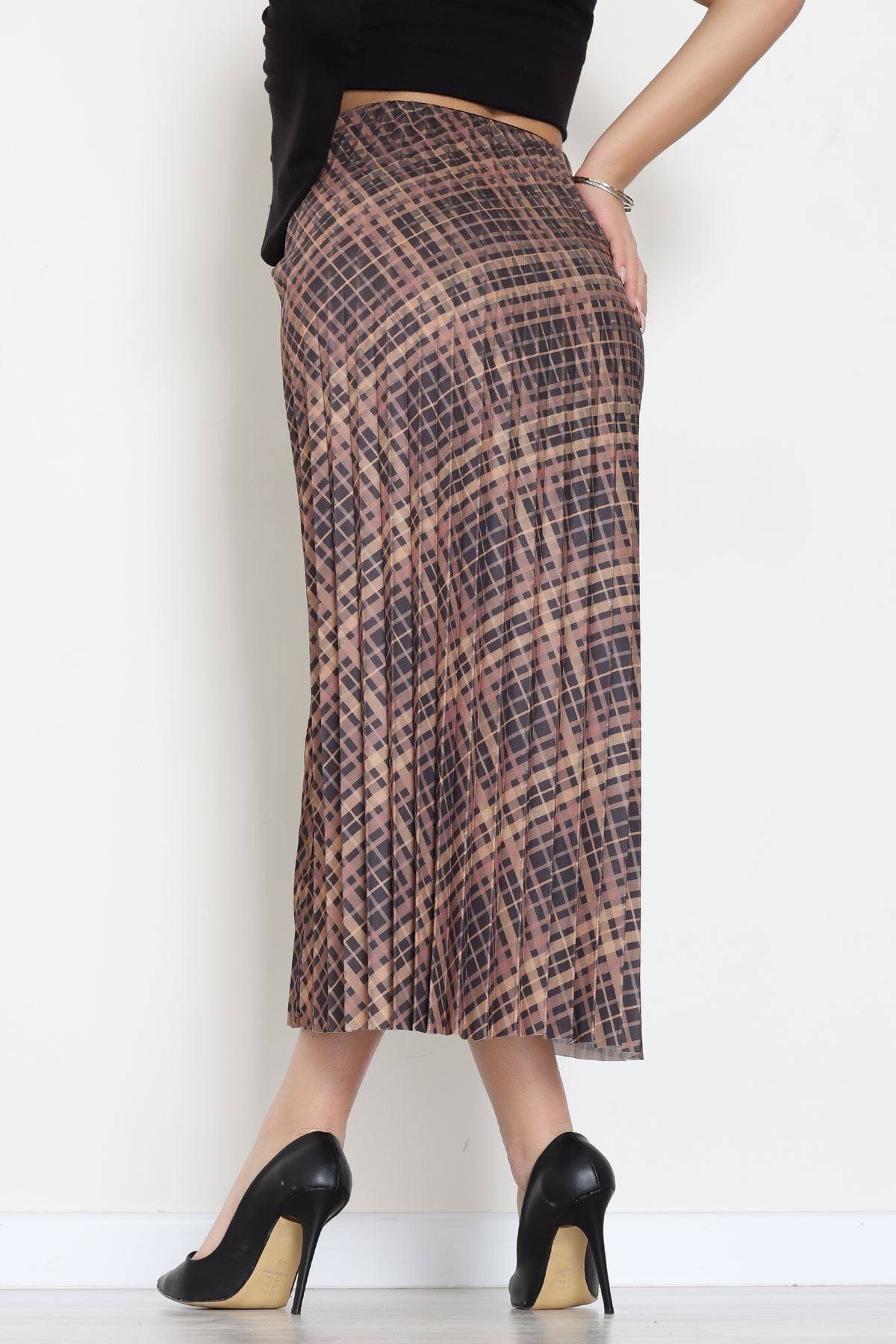 Laklı Denye Piliseli Ekose Etek Kahve - 51252.2036.