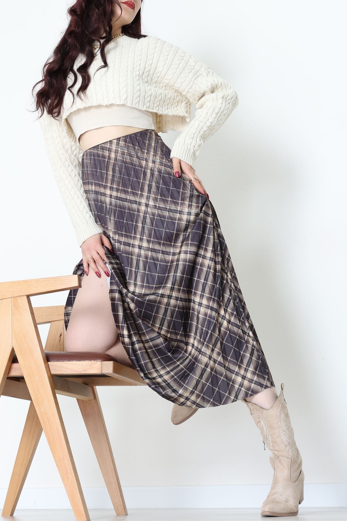 Laklı Denye Piliseli Ekose Etek Haki - 51252.2036.