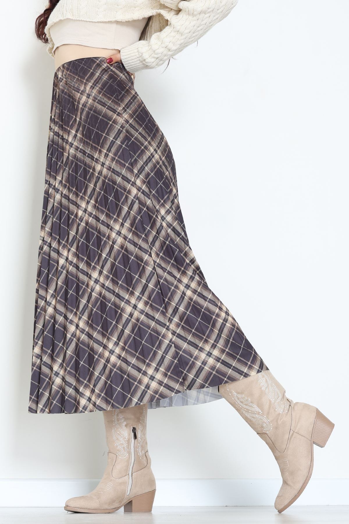 Laklı Denye Piliseli Ekose Etek Haki - 51252.2036.