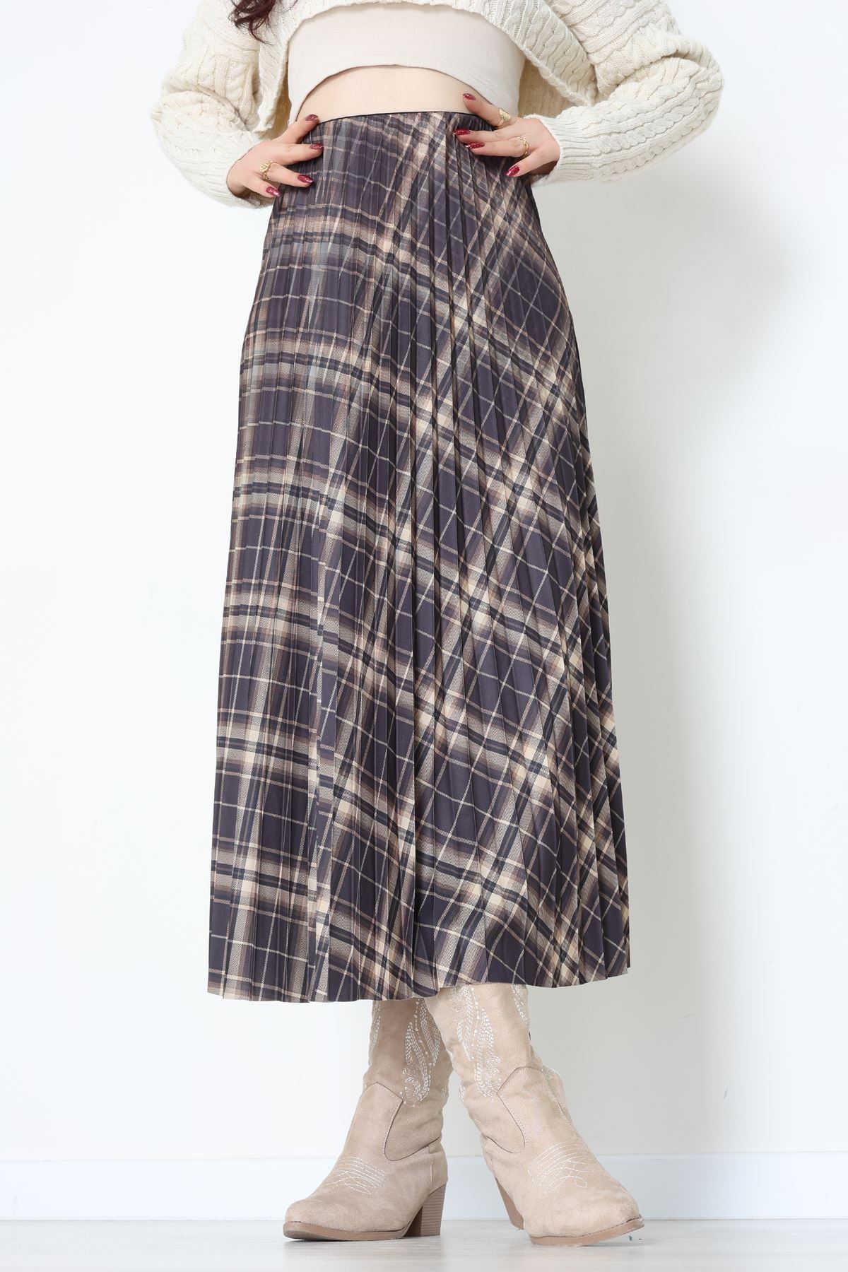 Laklı Denye Piliseli Ekose Etek Haki - 51252.2036.