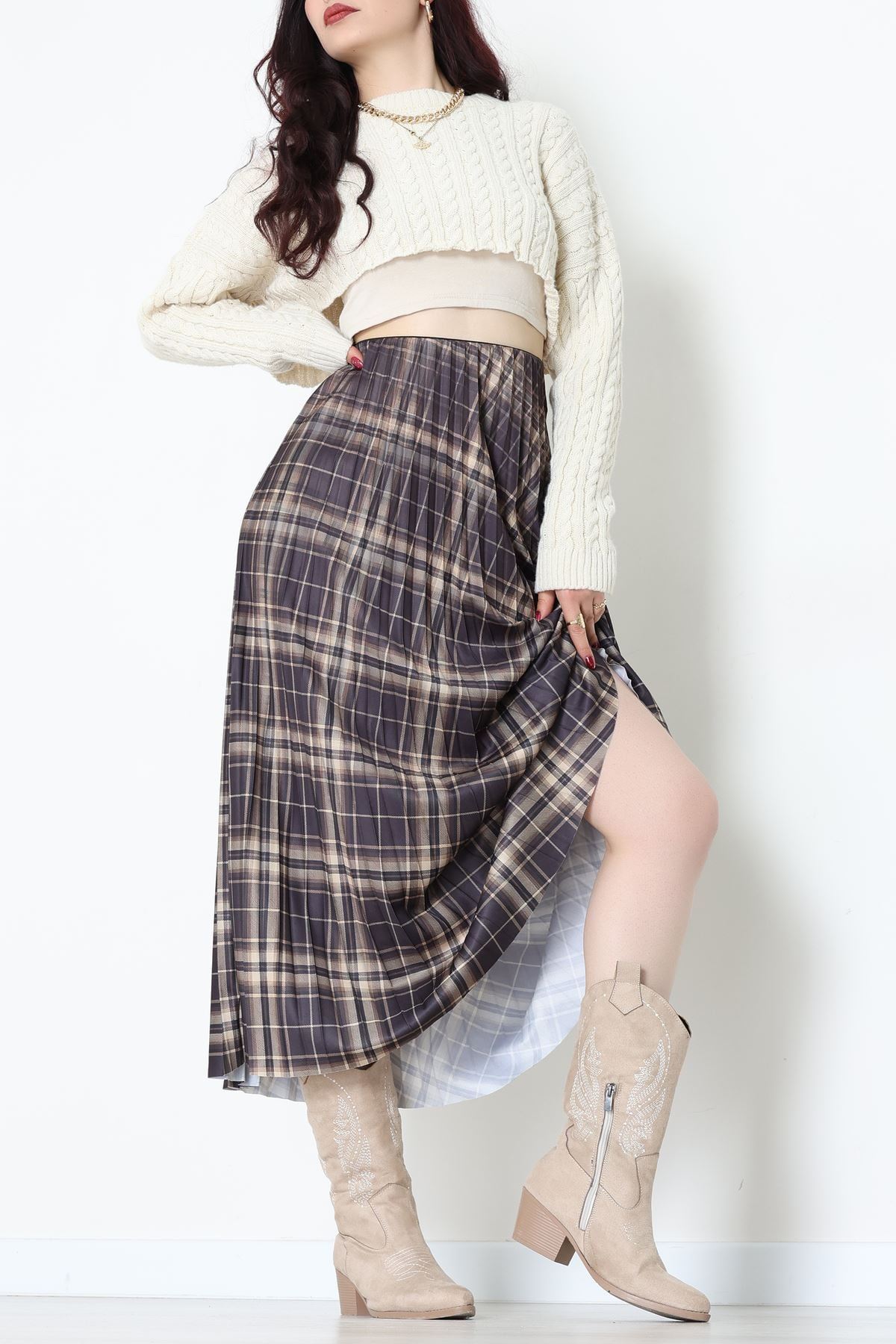 Laklı Denye Piliseli Ekose Etek Haki - 51252.2036.