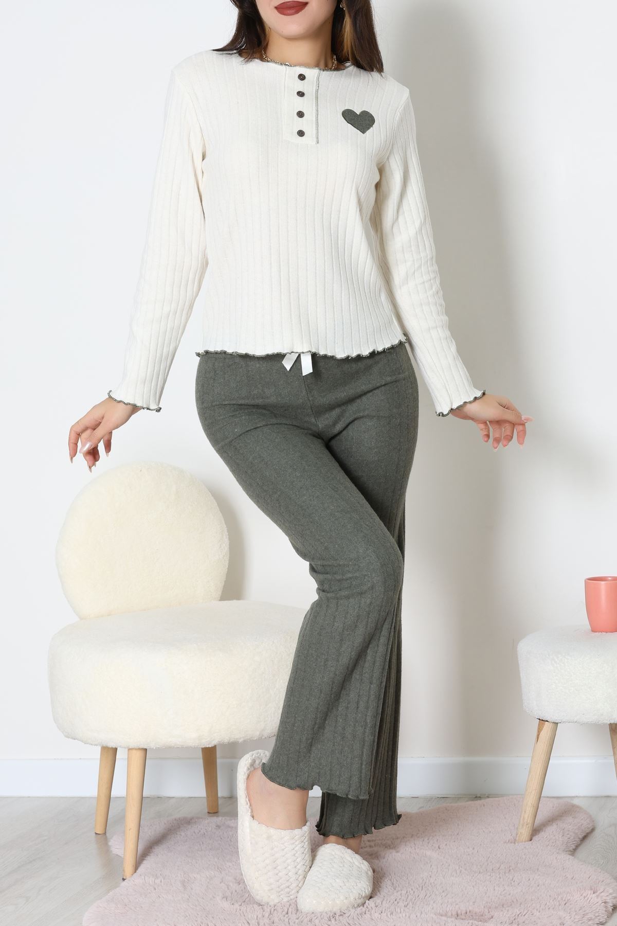 Fitilli İnterlok Pijama Takımı Haki - 52191.1961.