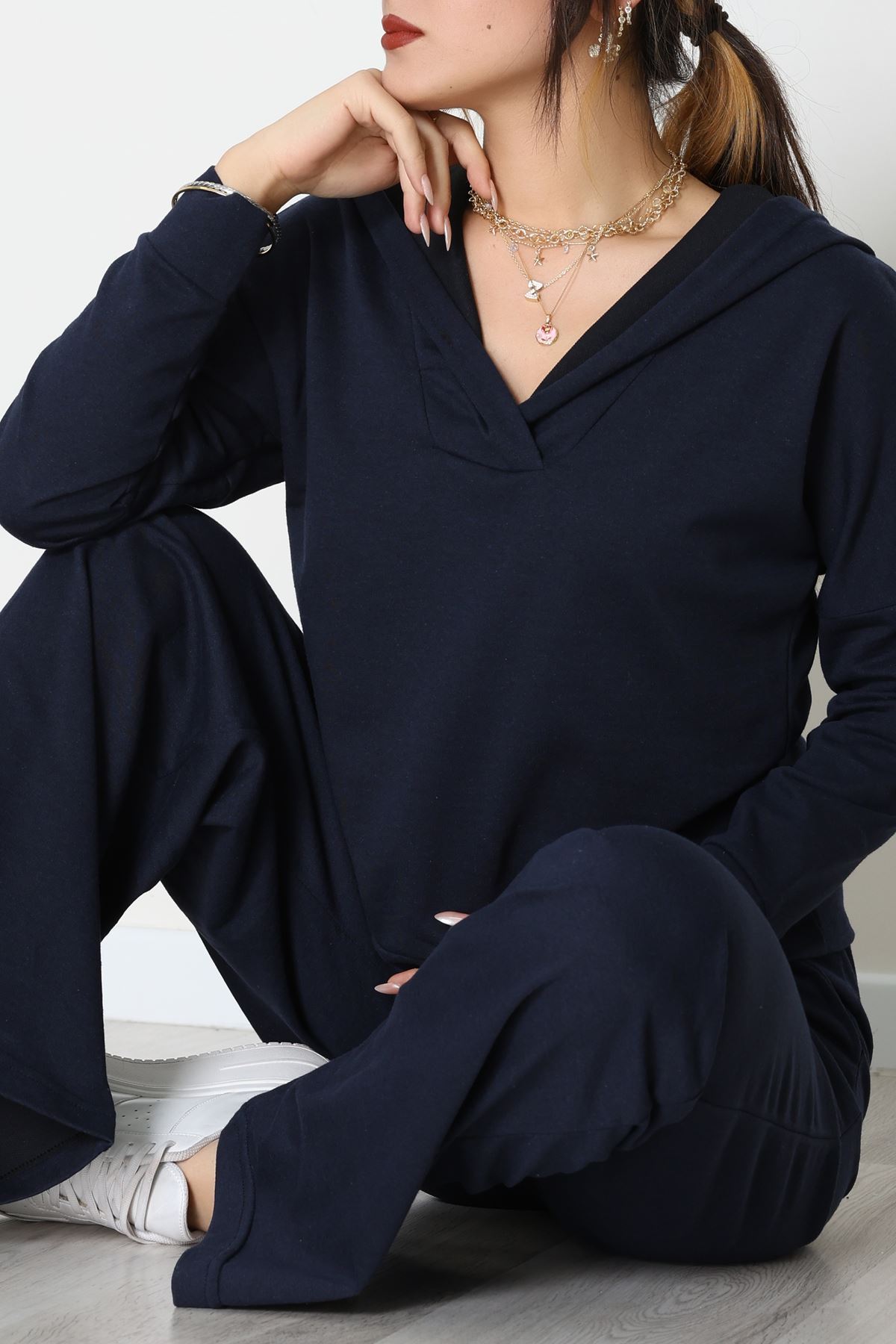 Kruvaze Yaka Kapşonlu Takım Lacivert - 30094.1857.